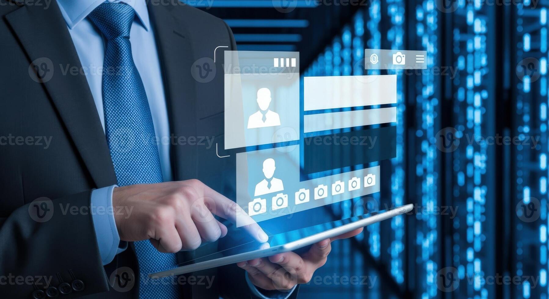 Businessman Using Digital Tablet with Futuristic Interface Displaying User Profiles and Data photo