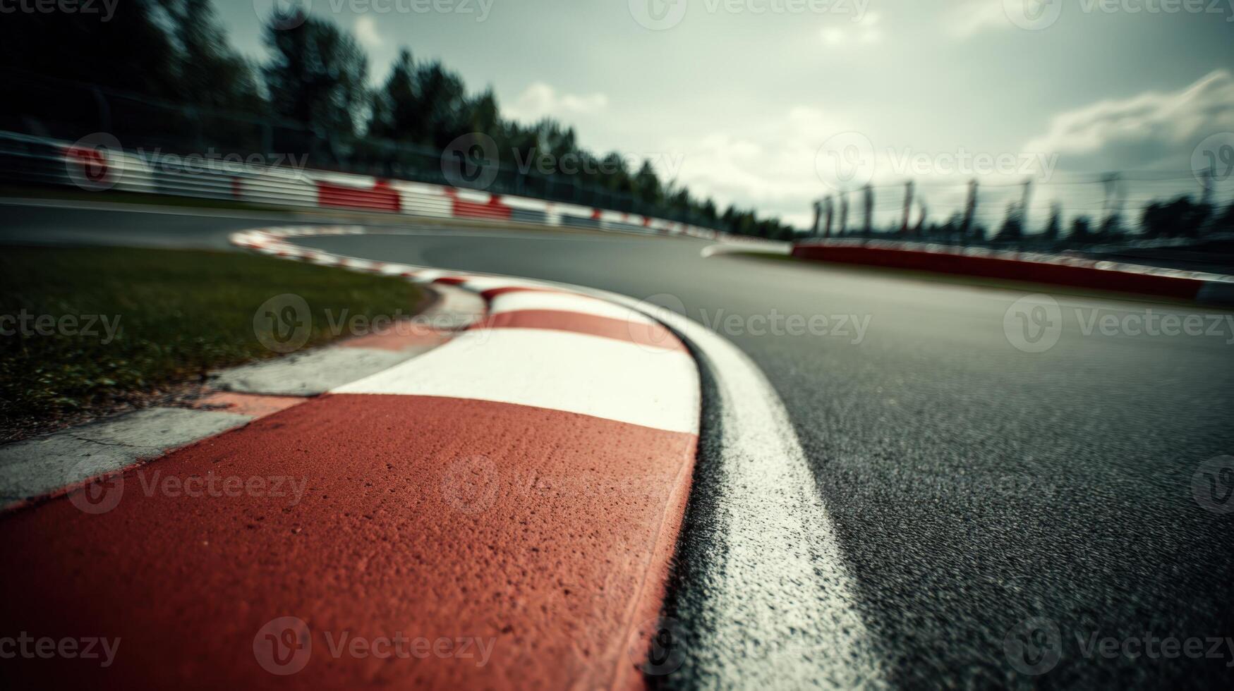 Racing Circuit Asphalt Curve with Red and White Striped Kerb, Blurred Trees in Background photo