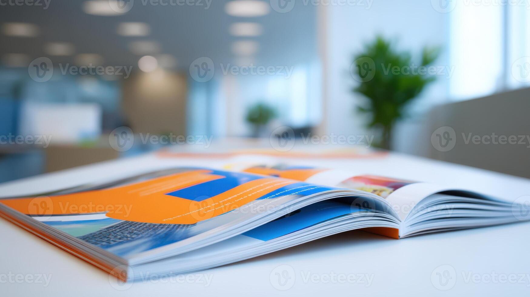 Open Magazine on White Table in Modern Office Setting, Creative Content Presentation photo