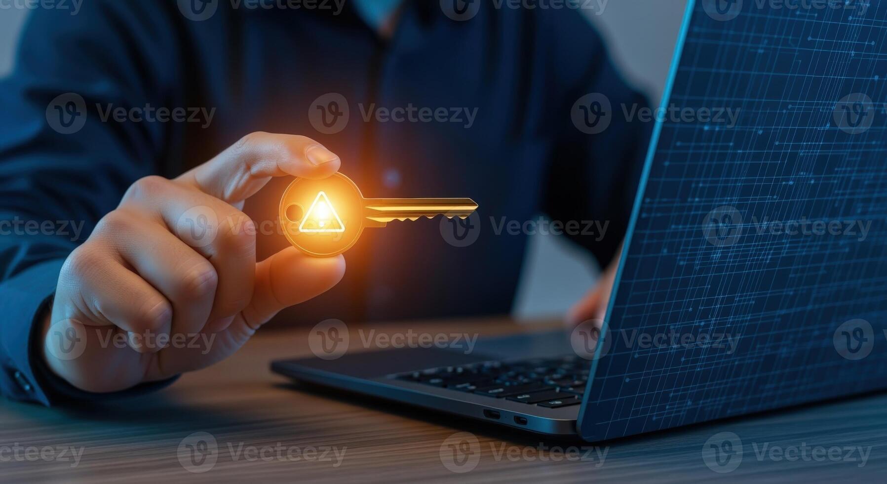 Data Encryption Person Holding a Key to Unlock Laptop, Representing Cybersecurity Solutions and Data Access photo