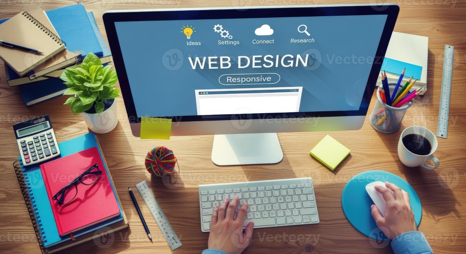 Web Design Workspace Computer Monitor, Keyboard, and Office Supplies on a Wooden Desk photo