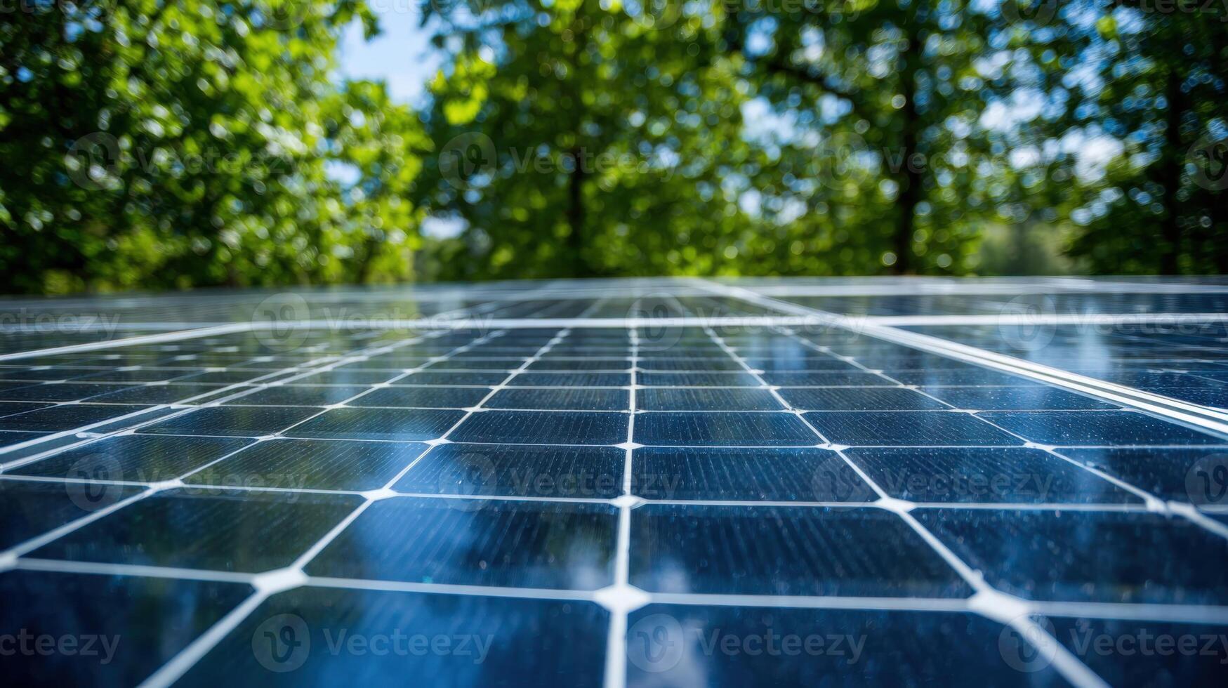 Solar Panel Array Reflecting Sky and Trees, Sustainable Energy Generation in a Green Environment photo
