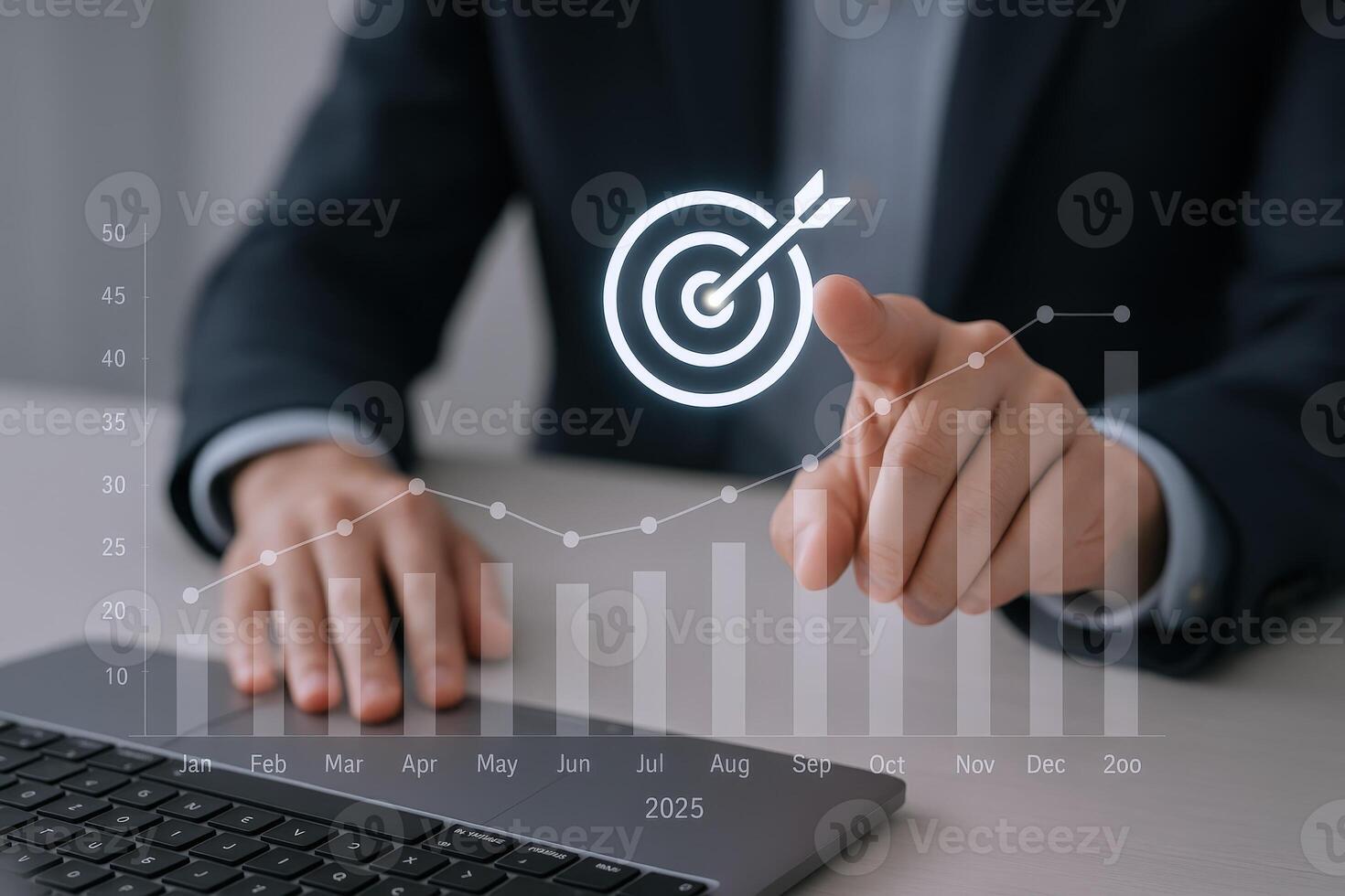 Businessperson Aiming for Goals with Technology and Data Analysis, Graph, and Chart Visualizations for Business Success photo