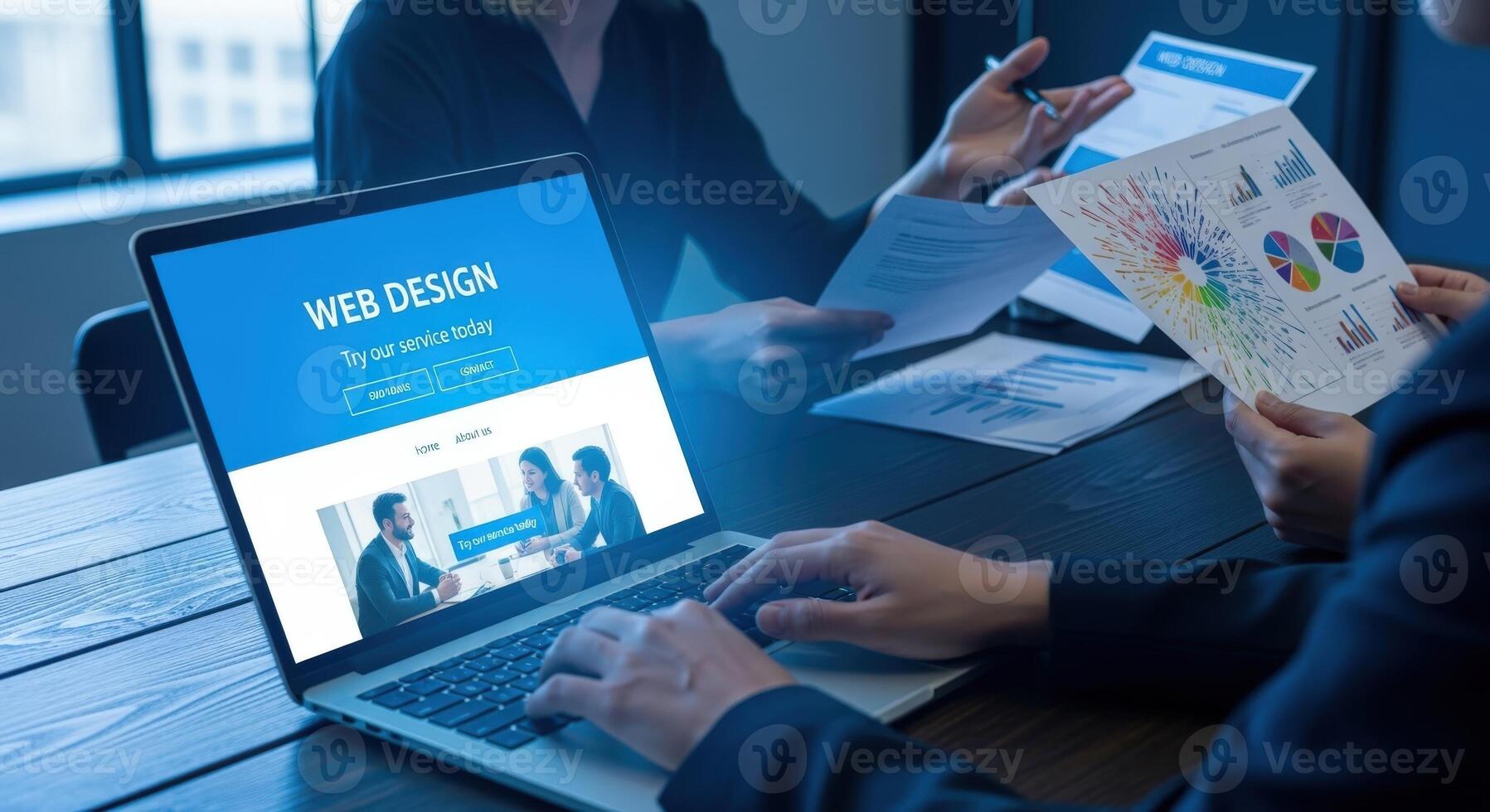 Web Design Team Collaboration Creative Website Development Process on Laptop with Data Analysis photo