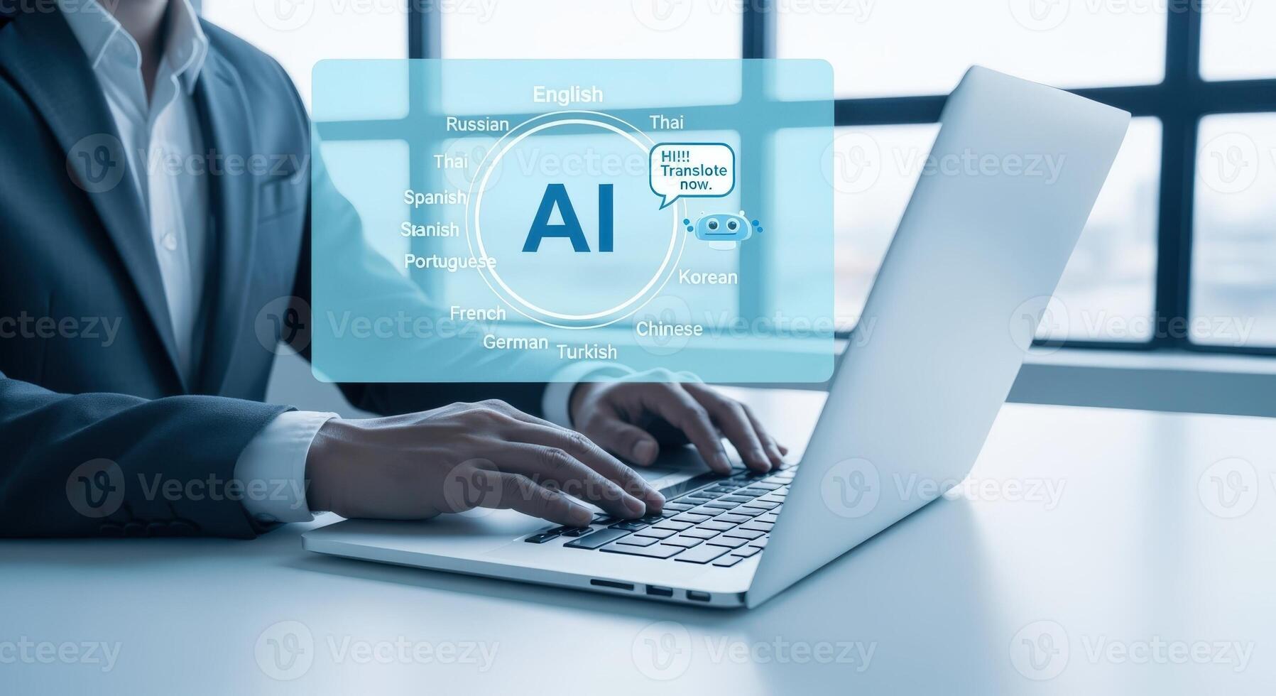AI Integration Concept Man Typing on Laptop with Artificial Intelligence Interface Overlaying the Screen photo