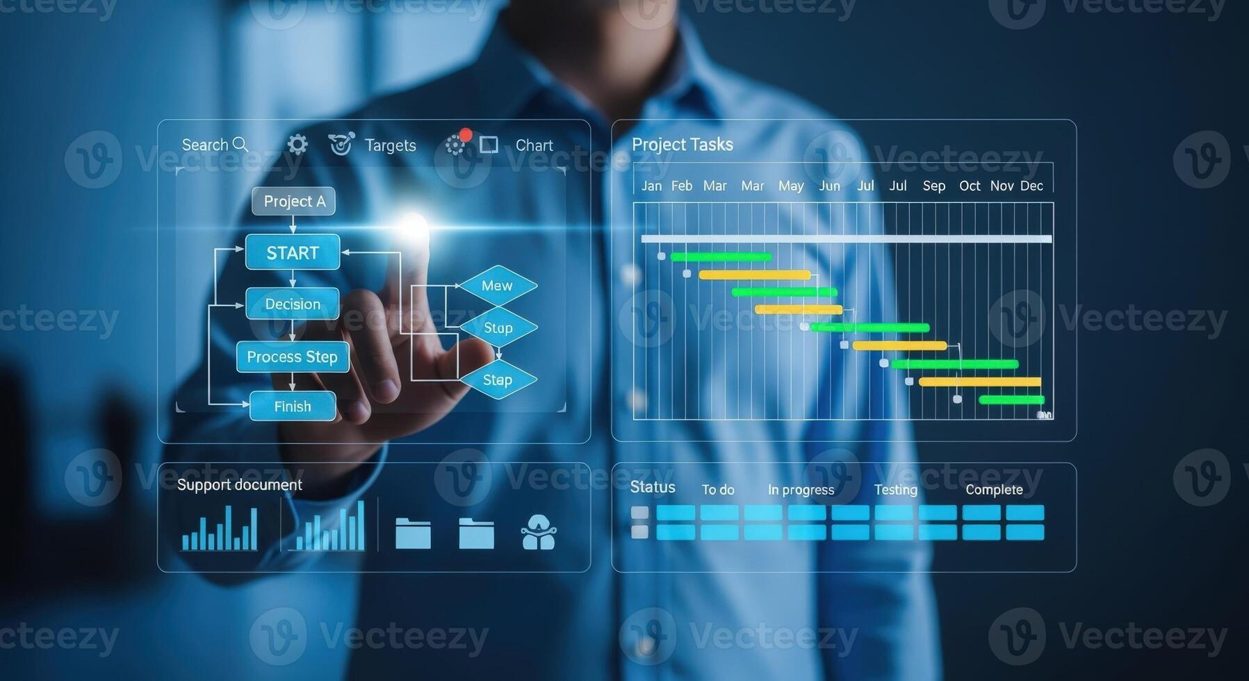 Project Management Dashboard Displayed on Virtual Screen Business Planning, Workflow Automation, and Task Scheduling photo