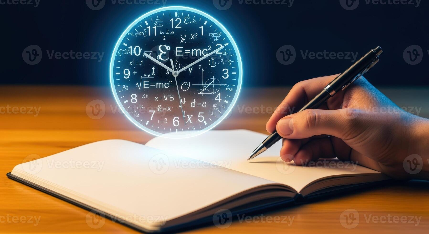 Time Management Concept Hand Writing in Notebook with Clock Featuring Math Equations photo