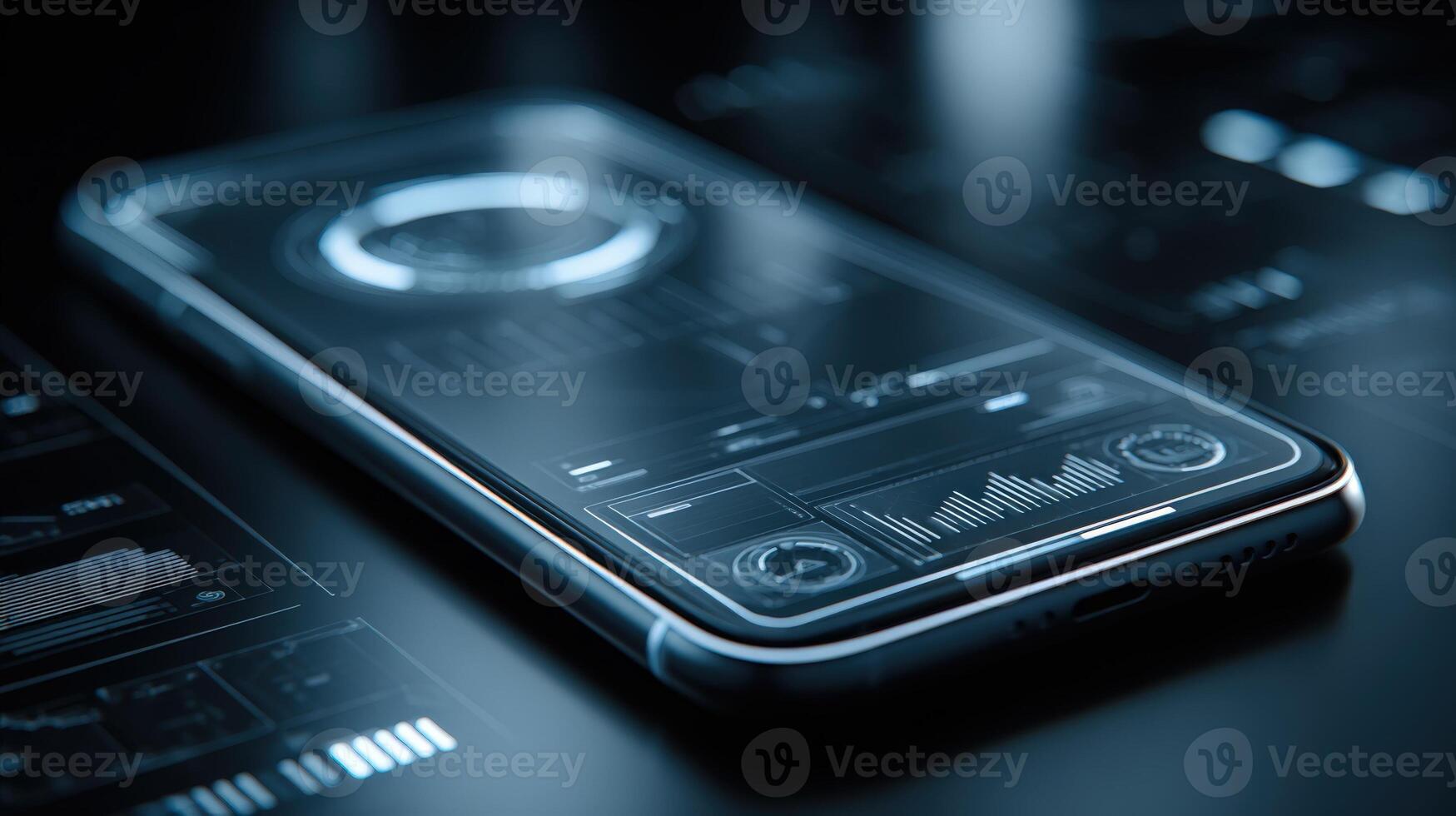 Futuristic Smartphone Displaying Advanced Interface, Technology Concept with Holographic Elements and Data Visualization, Dark Background photo