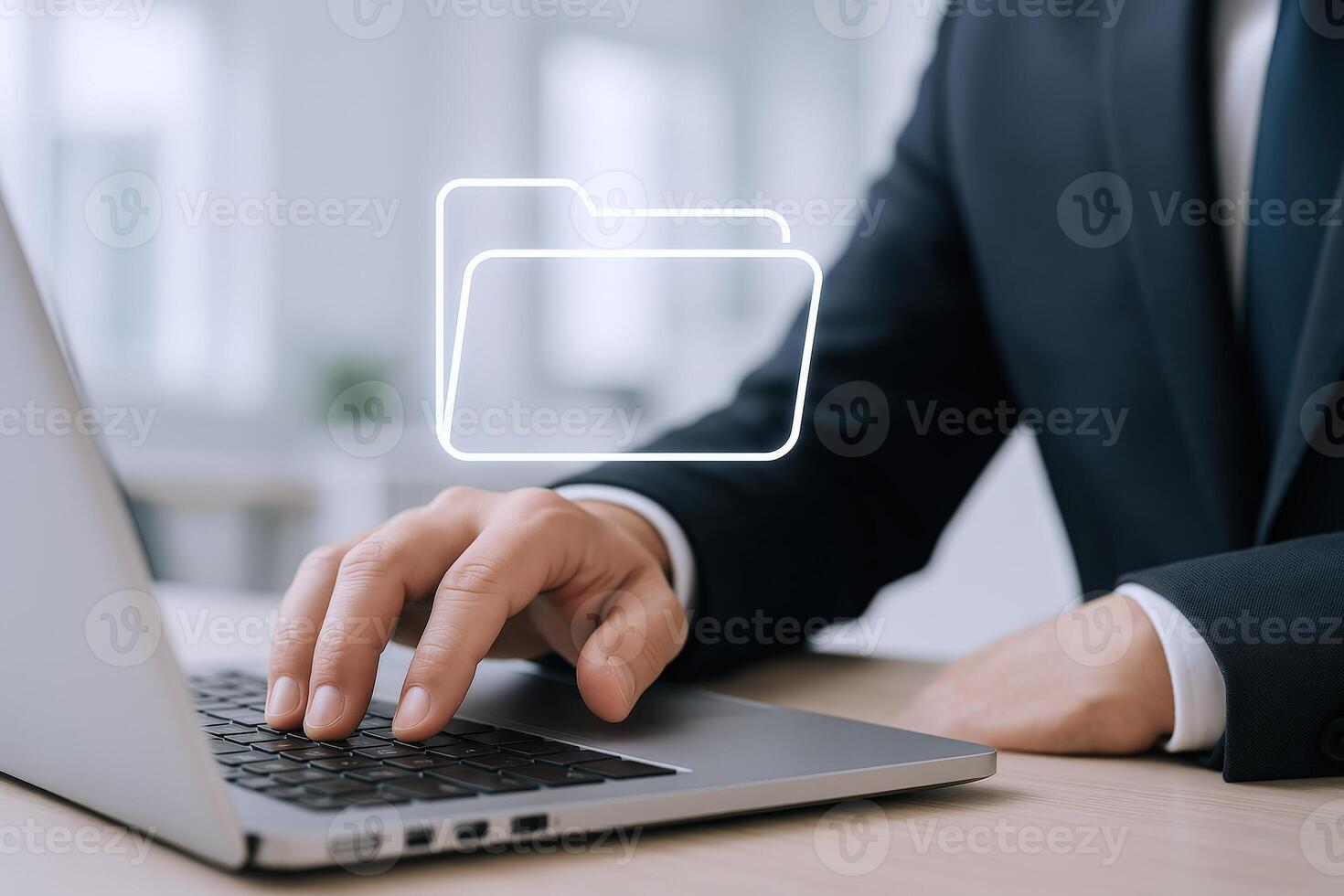 Business Professional Managing Digital Files on Laptop, Utilizing Data Storage and Organization for Efficiency photo