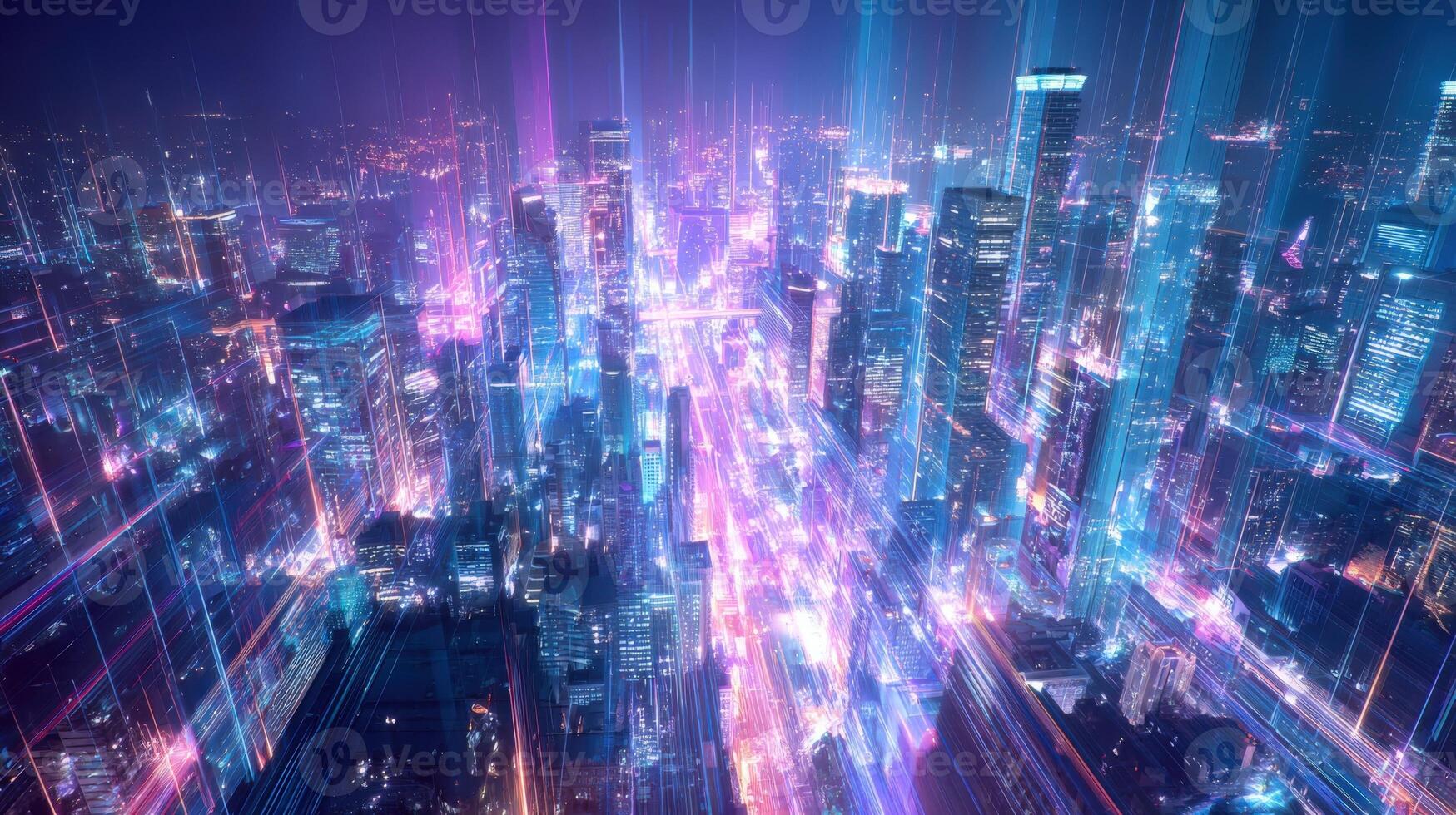 Futuristic Cityscape with Digital Network Overlay High-Tech Urban Connectivity and Data Flow Visualization photo