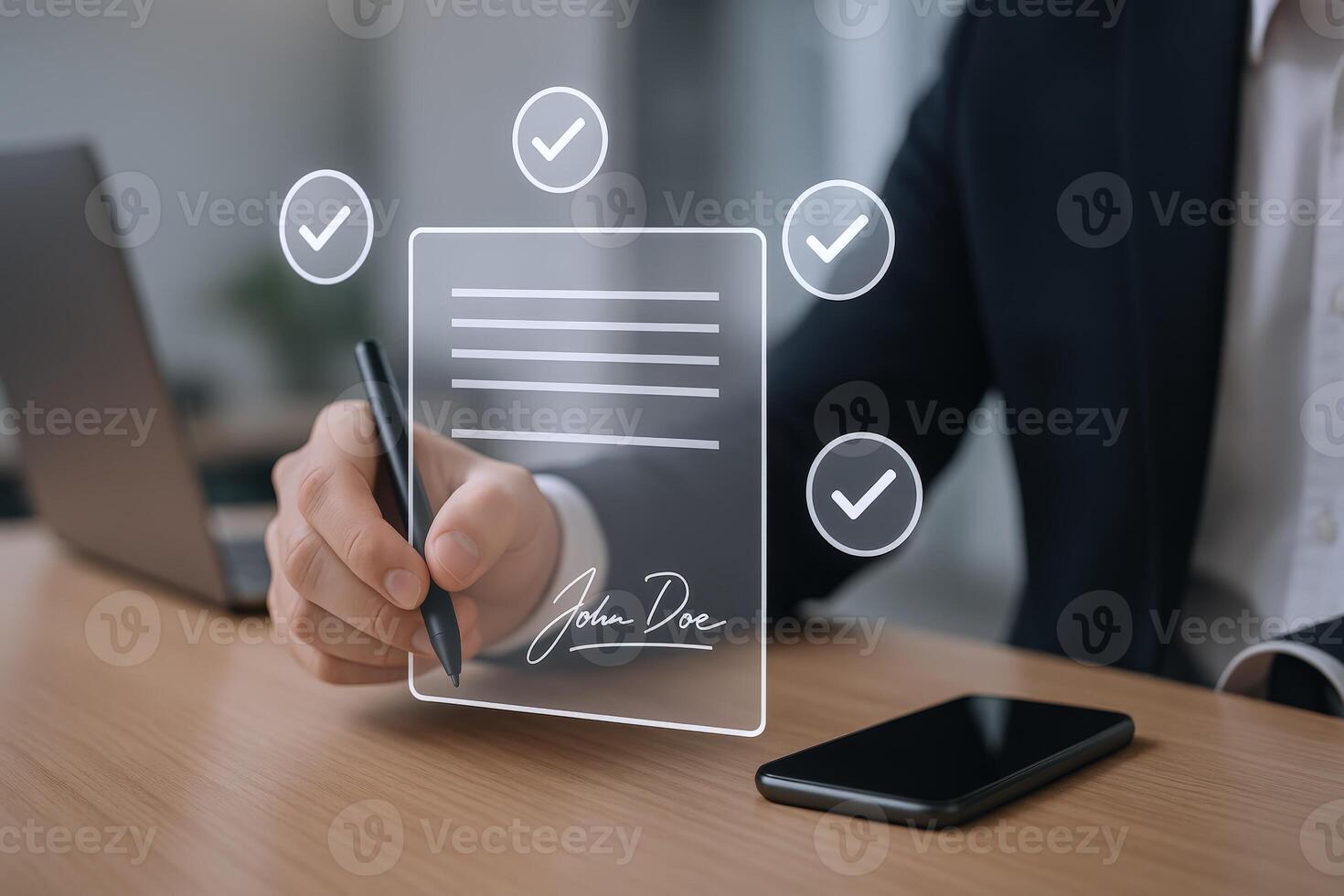 Electronic Signature Concept Businessman Signing Digital Document with Checkmarks on a Clear Interface photo