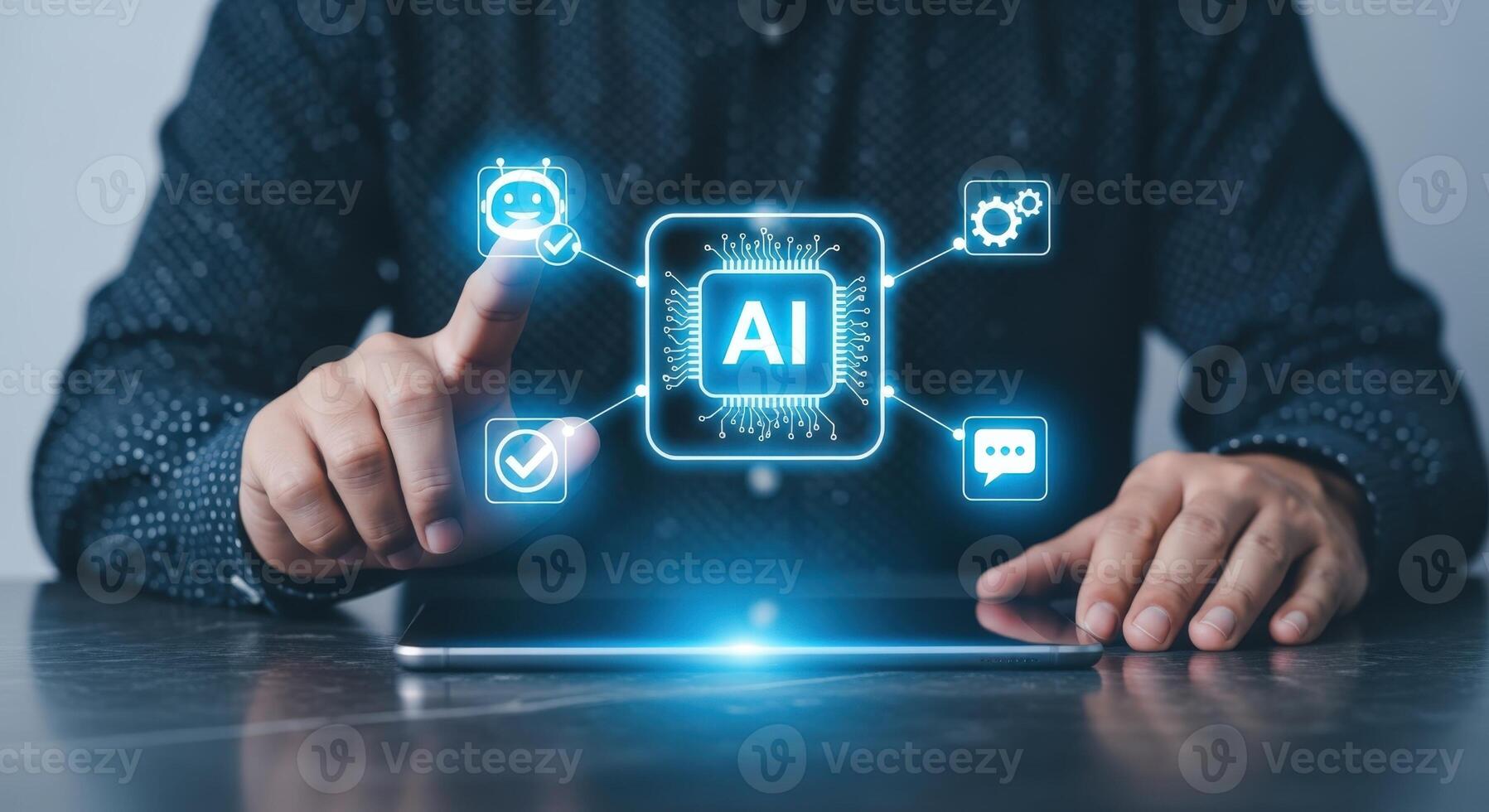 Artificial Intelligence Concept Man Interacting with AI Interface on Tablet, Showing Machine Learning and Automation photo