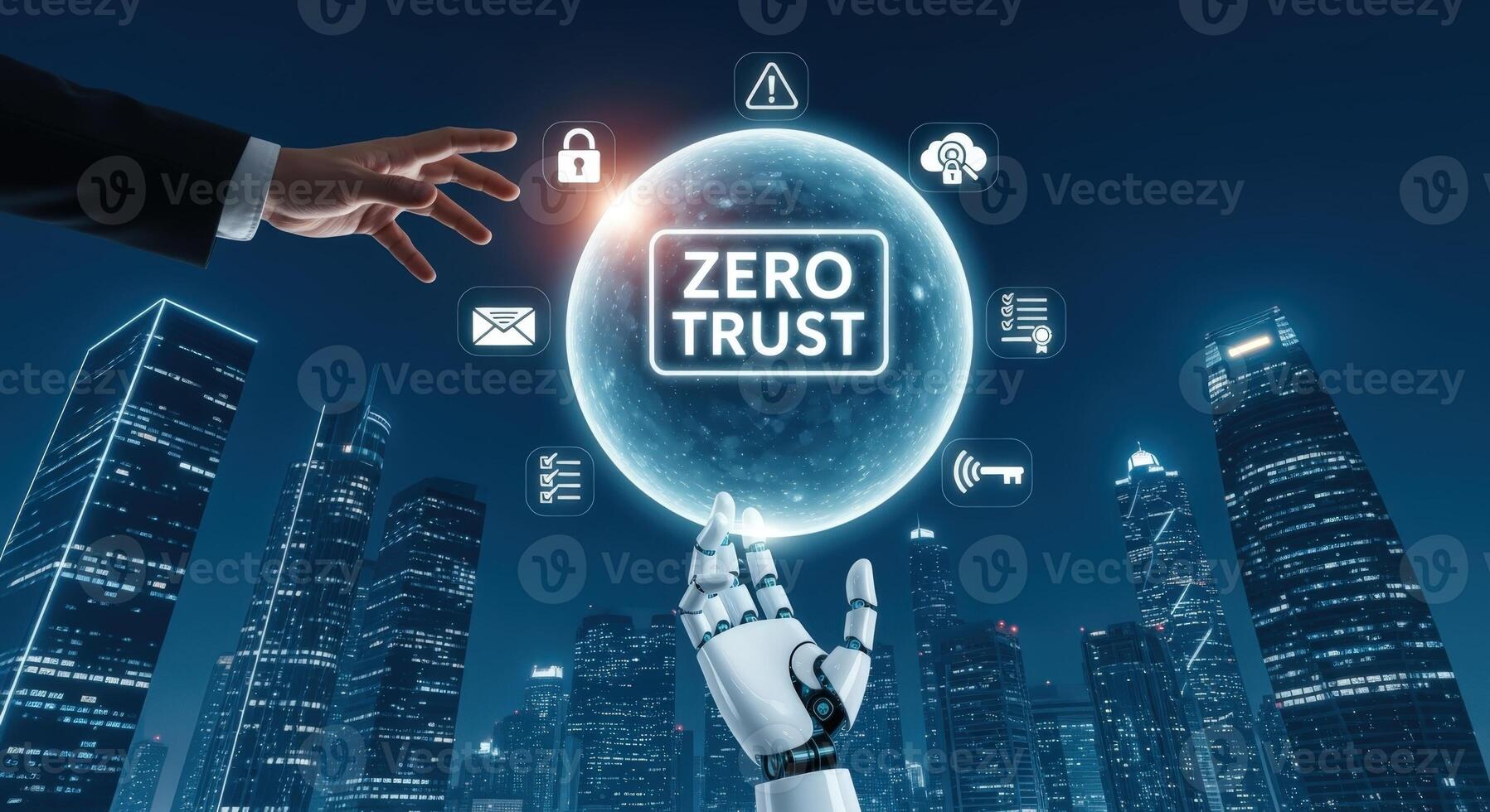 Zero Trust Security System Protecting Digital Assets with Advanced Technology and Cybersecurity Solutions in a Modern City photo