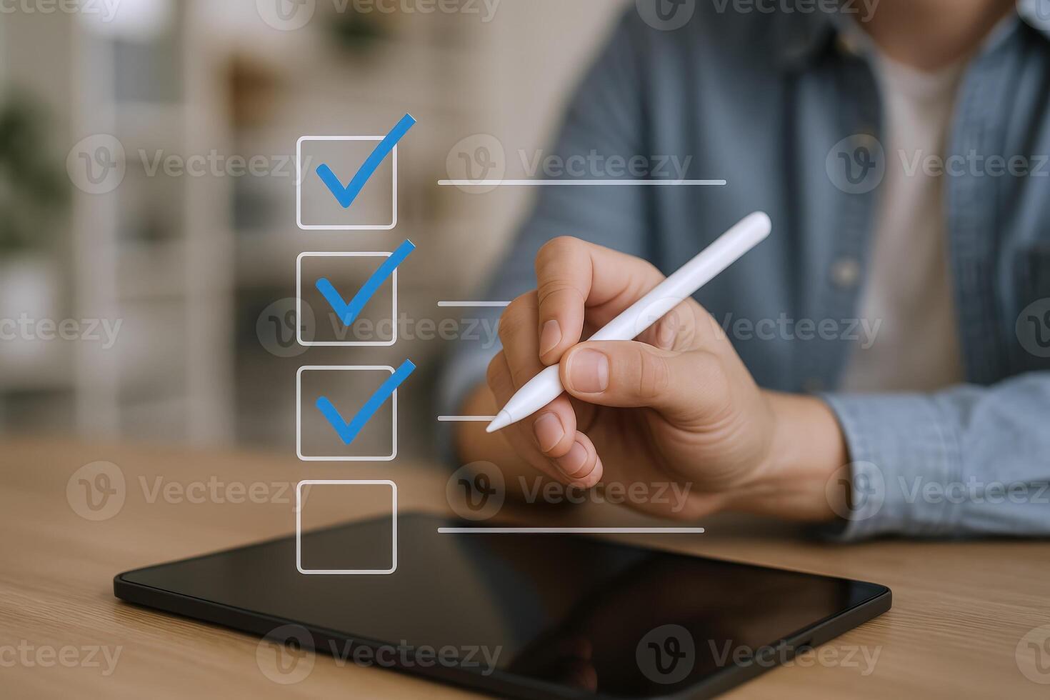 Digital Checklist on Tablet Person Completing Tasks, Marking Boxes with Stylus for Efficiency photo