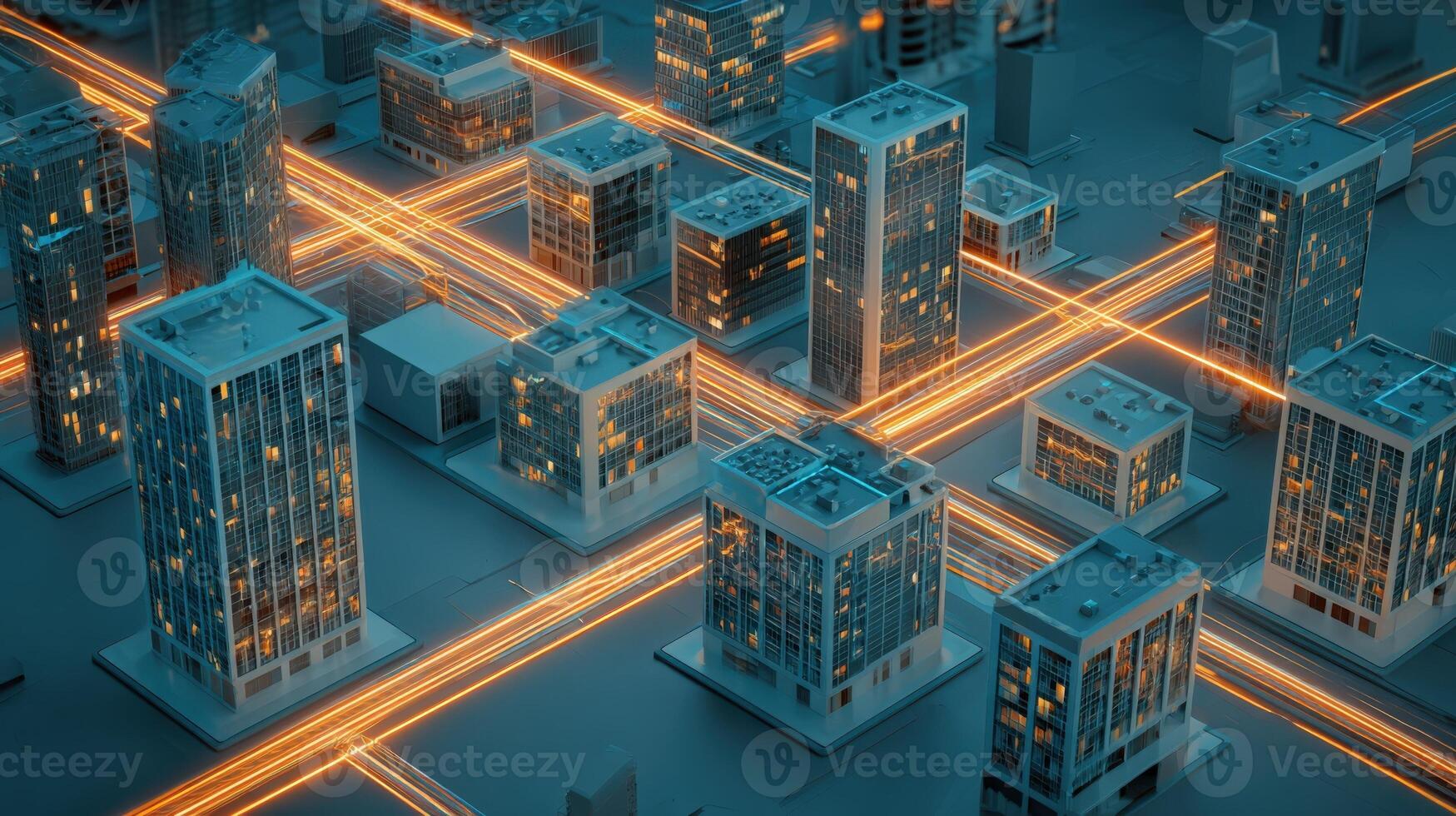 Aerial View of a Modern Cityscape with Illuminated Buildings and Interconnected Networks for Business and Technology photo
