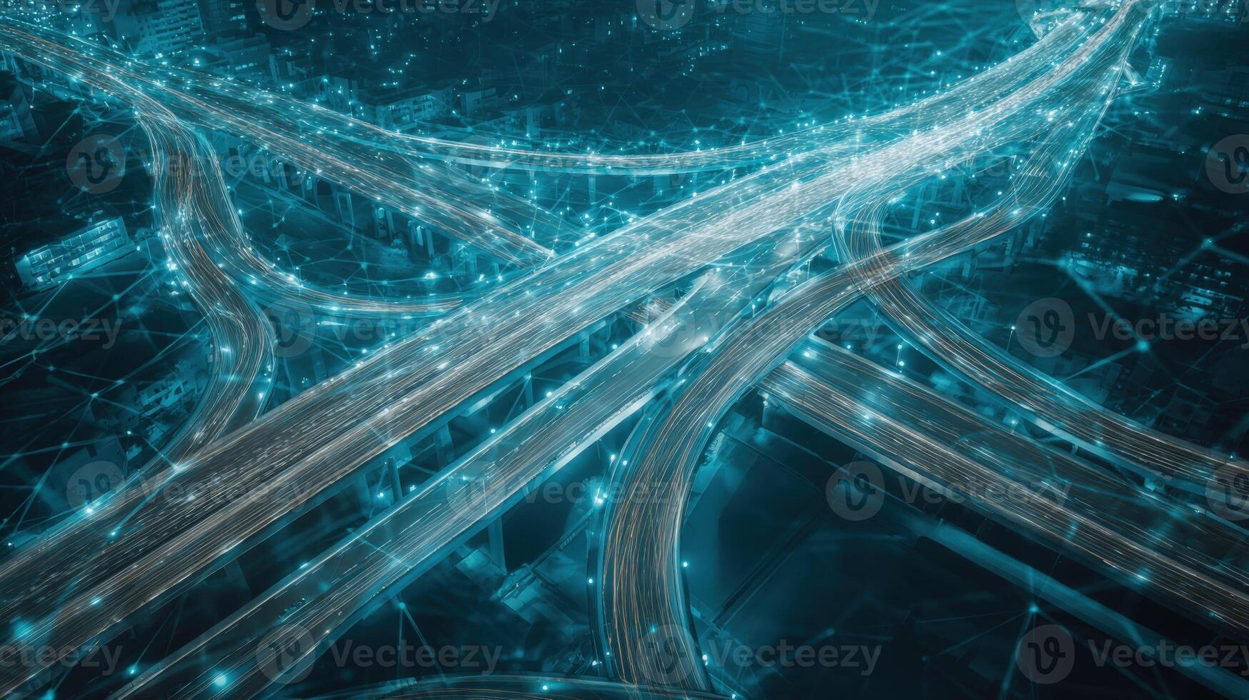 Aerial View of a Futuristic Road Network with Interconnected Digital Data Flow, Representing Connectivity photo