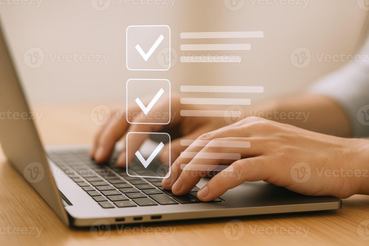 Man Completing Online Checklist on Laptop, Marking Tasks as Complete with Digital Interface photo
