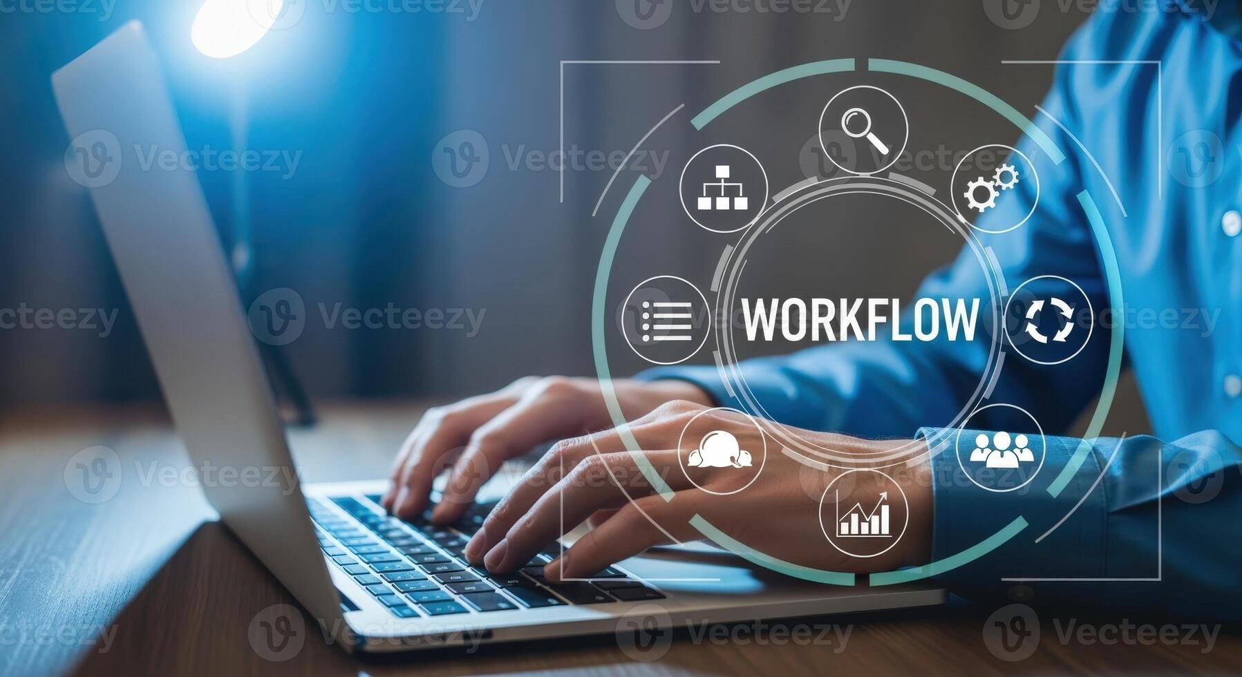 Workflow Automation Concept Businessman Using Laptop with Digital Interface Displaying Business Process Management and Task Automation photo