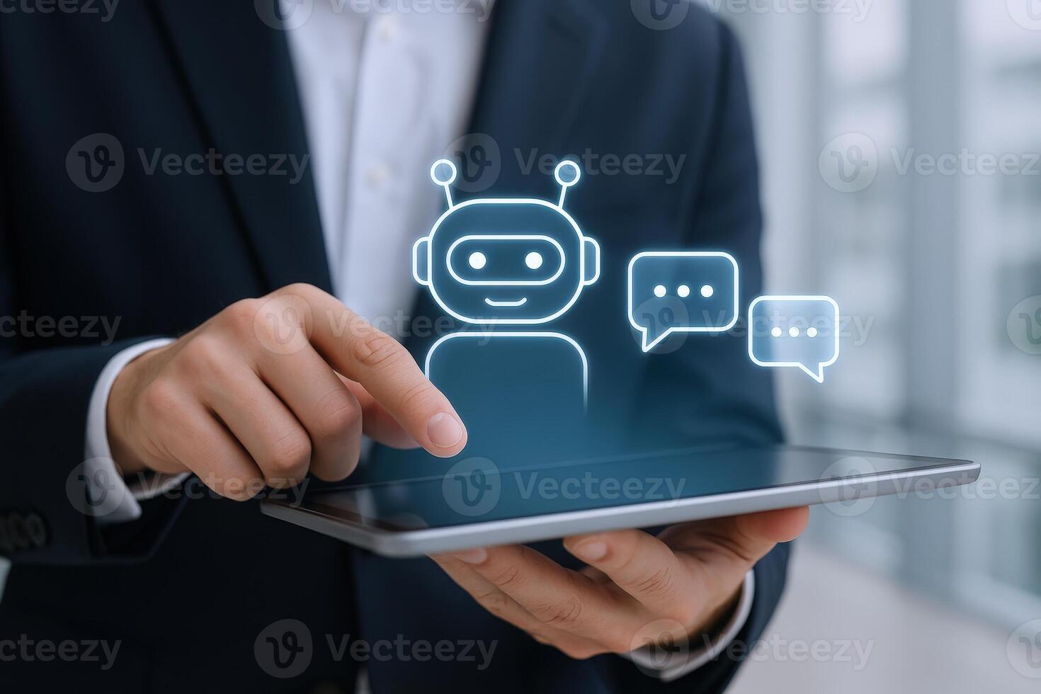 Businessman uses AI Chatbot on Tablet for Customer Service and Automated Communication Solution photo