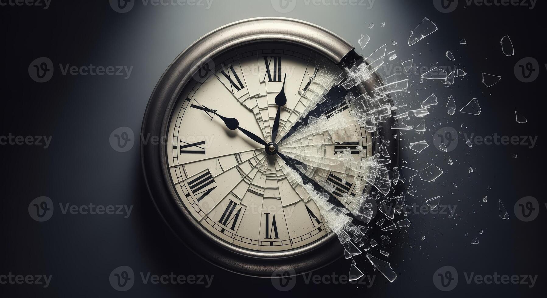 Concept of Time Passing Broken Clock Face with Shattered Glass on a Dark Background photo