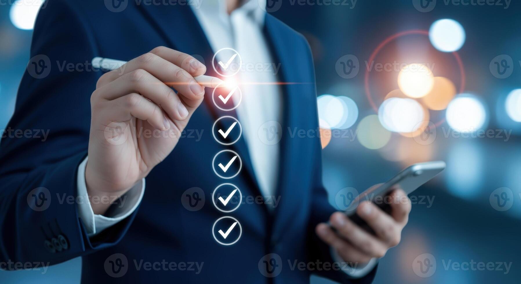 Business Professional Completing Checklist with Digital Pen, Highlighting Accuracy and Task Management Efficiency, Technology Integration photo