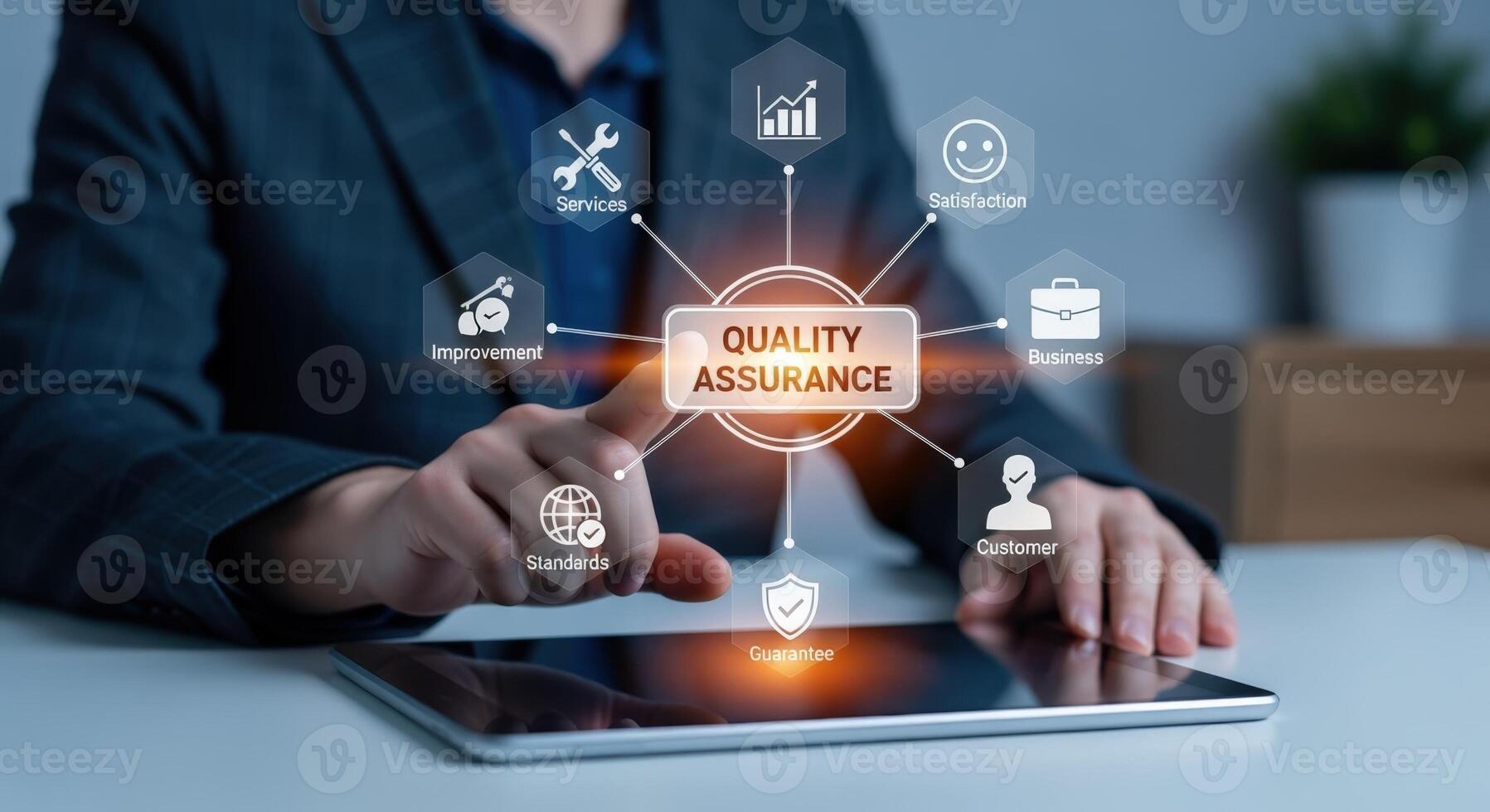 Quality Assurance Concept Business Professional Analyzing Data on Tablet with Digital QA Interface photo