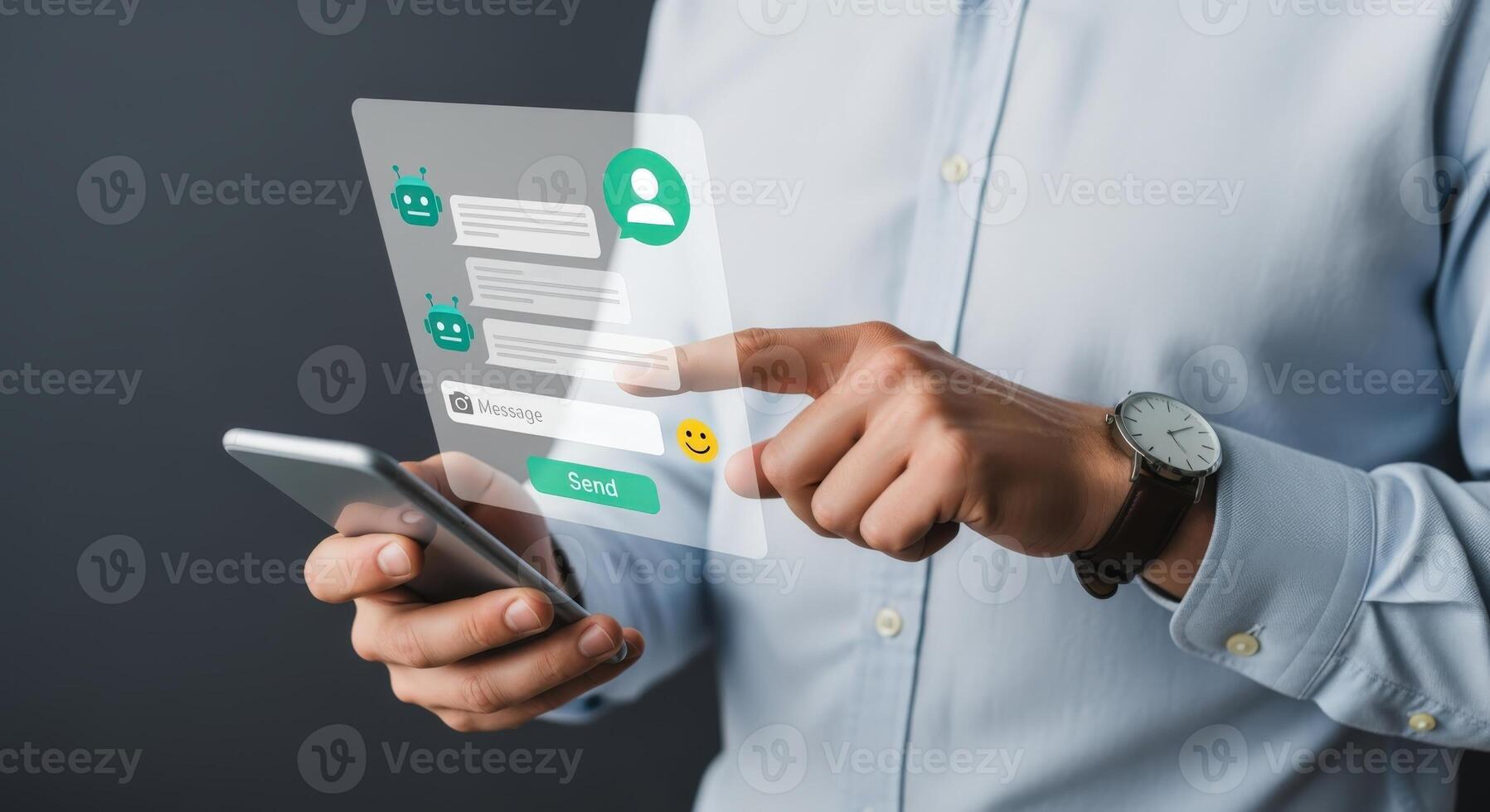 Man Interacting with AI Chatbot on Smartphone, Digital Interface and Communication Technology Concept photo