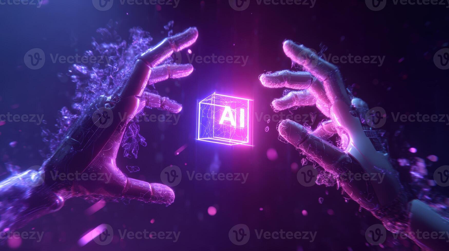 Artificial Intelligence Robotic Hands Interact with a Glowing AI Cube in a Futuristic Digital Space photo