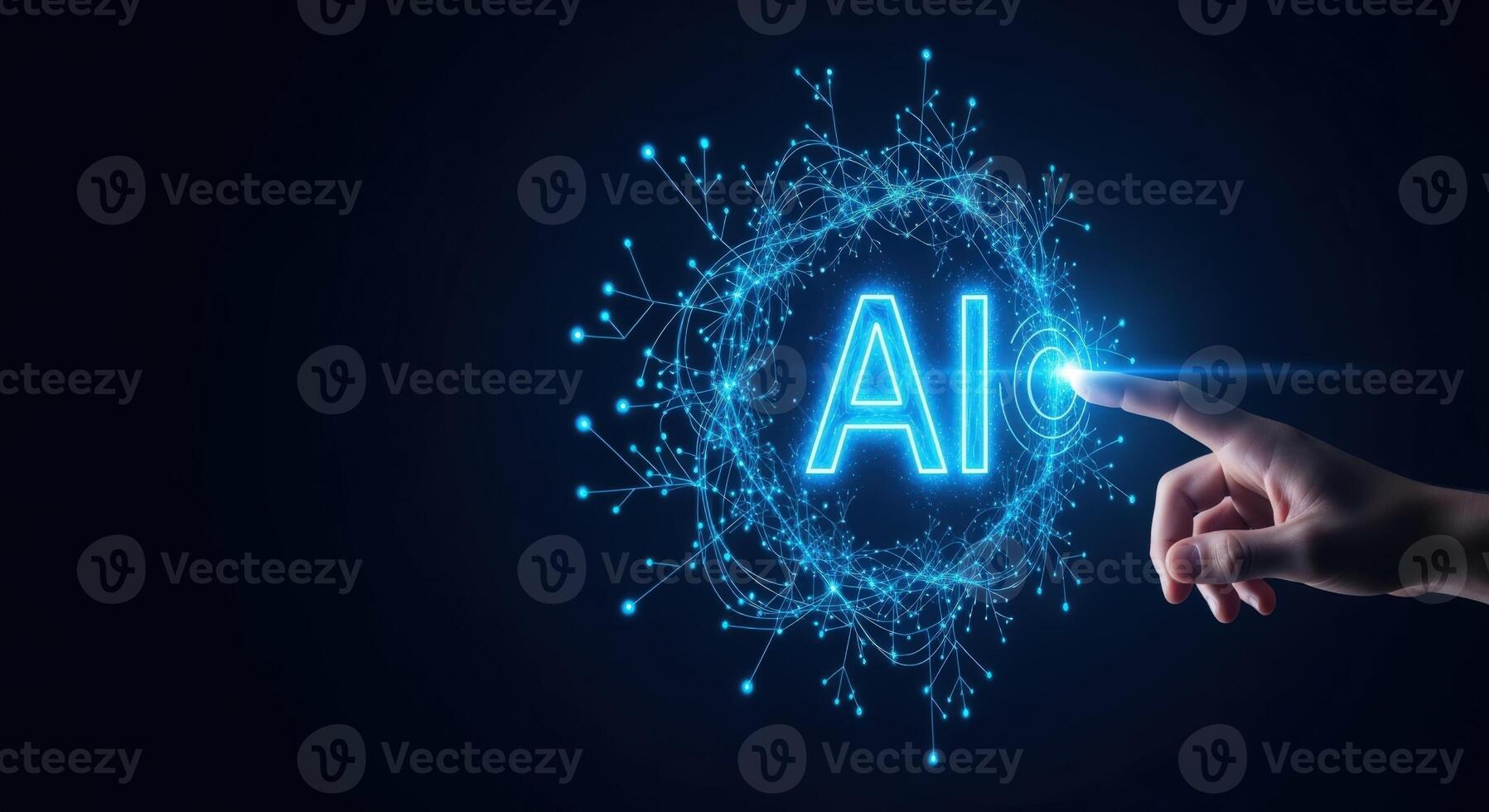Artificial Intelligence Hand Touching Glowing AI Icon with Neural Network Connection Background Represents the Future photo