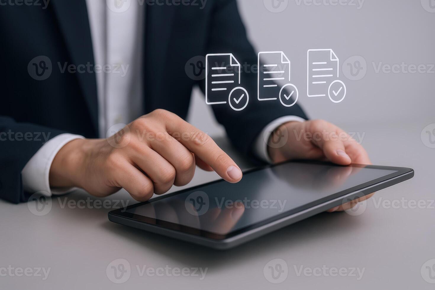 Man using Tablet Computer for Digital Document Management with Checkmarks in a Business Setting photo