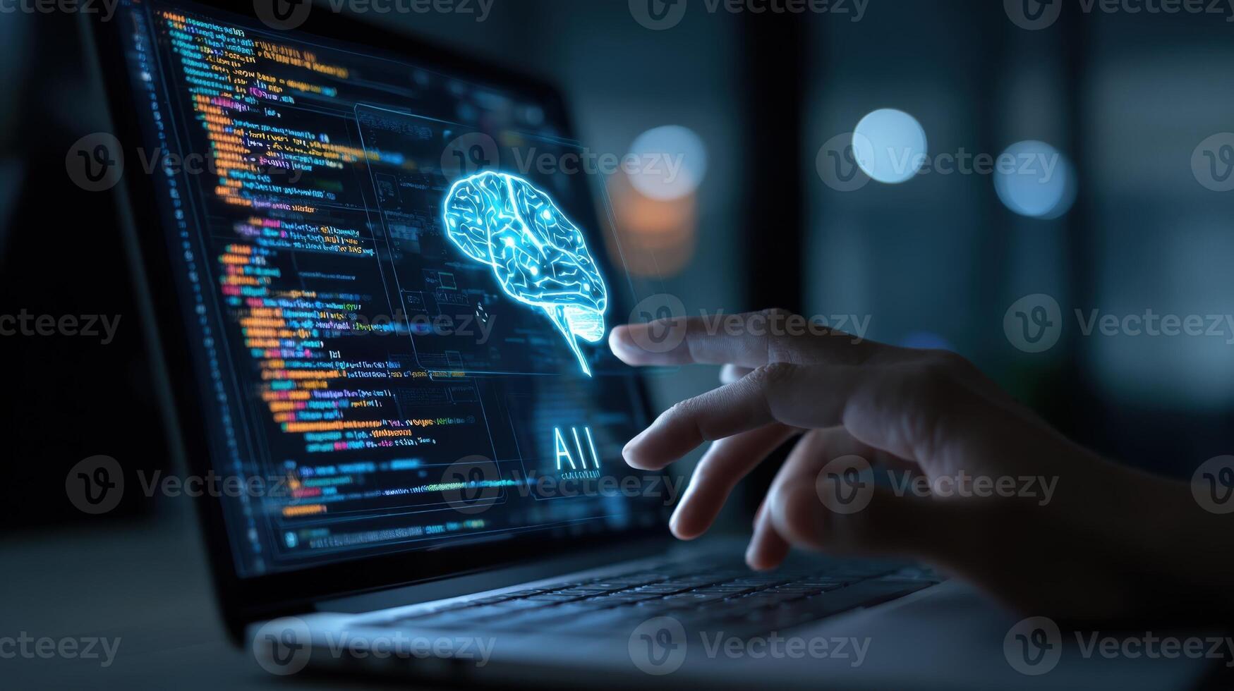 AI Brain Interface Programmer Interacting with Artificial Intelligence on Laptop Screen Displaying Code photo