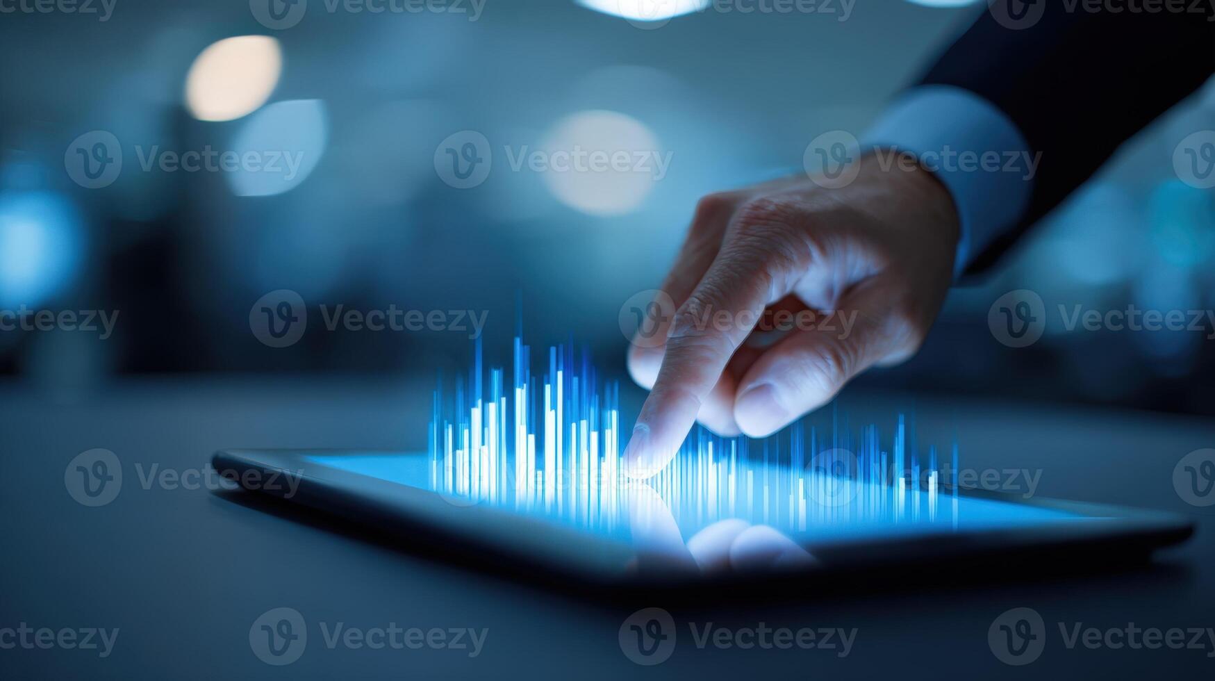 Man Interacting with Futuristic Interface on Tablet Device, Showing Data Visualization and Business Analytics photo