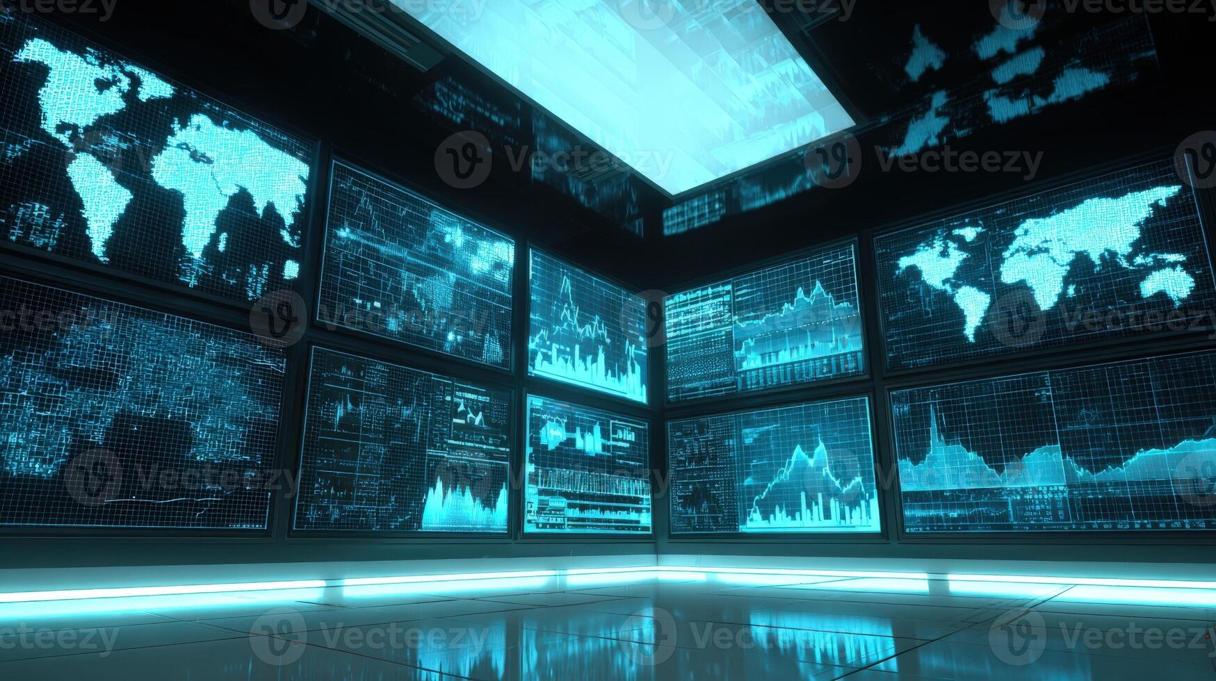 Data Analysis Room with Multiple Screens Displaying World Map and Financial Charts for Business Insights photo
