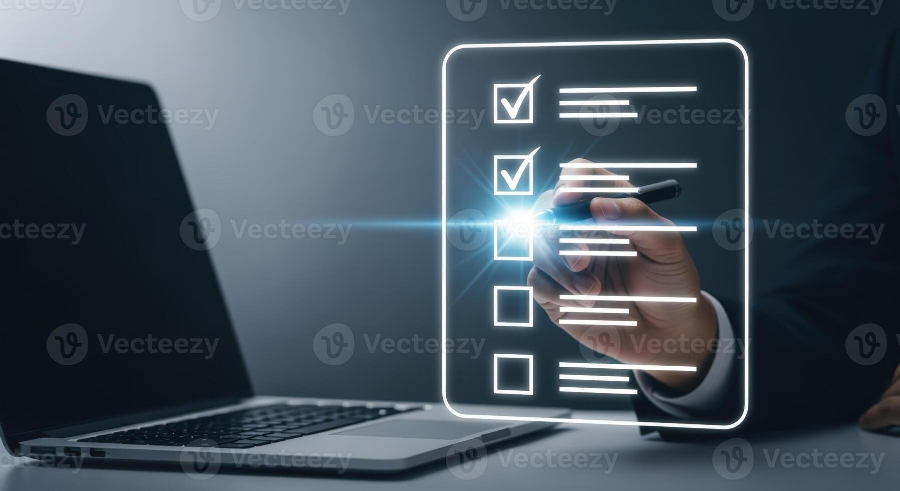 Digital Checklist on Virtual Screen with Businessman Completing Tasks Using Stylus Pen, Project Management photo