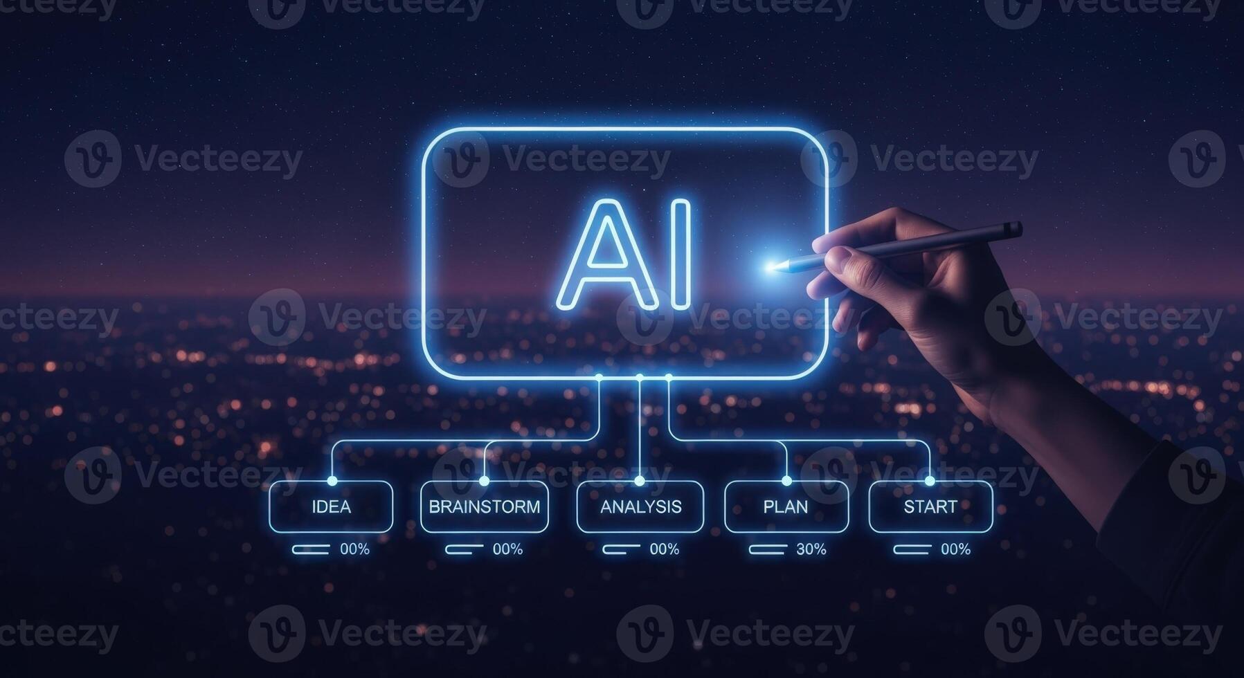 Artificial Intelligence Concept with Glowing Neon Diagram Representing Brainstorming, Analysis, Planning, and Implementation in Digital Space photo