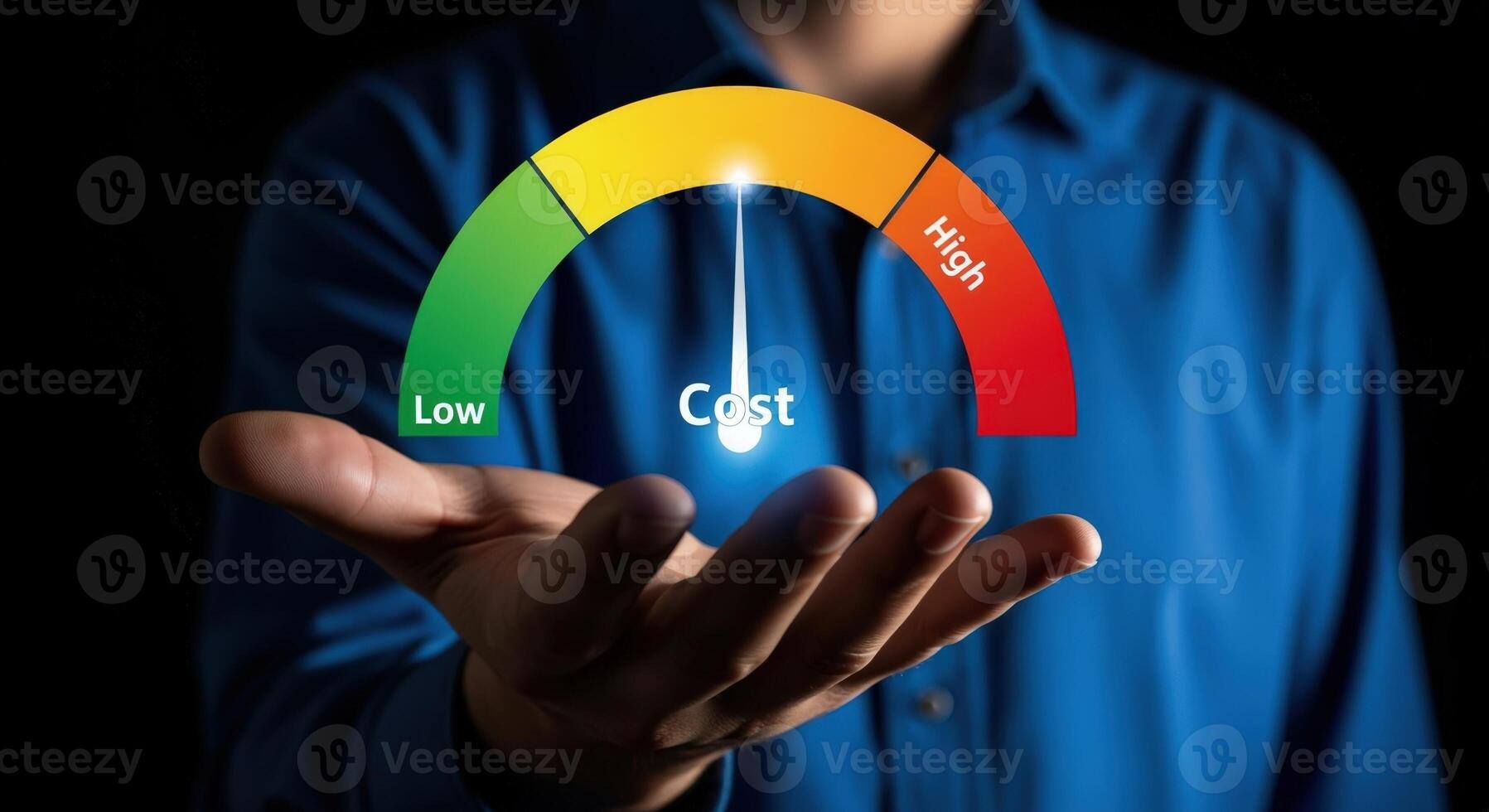 Cost Gauge Indicator Man Holding a Performance Metric Display Showing Low to High Spending photo