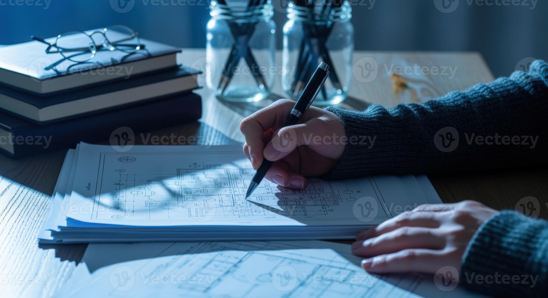 Architectural Design Process Hand Drafting Blueprints with Technical Pen in Low Light Environment on Desk photo