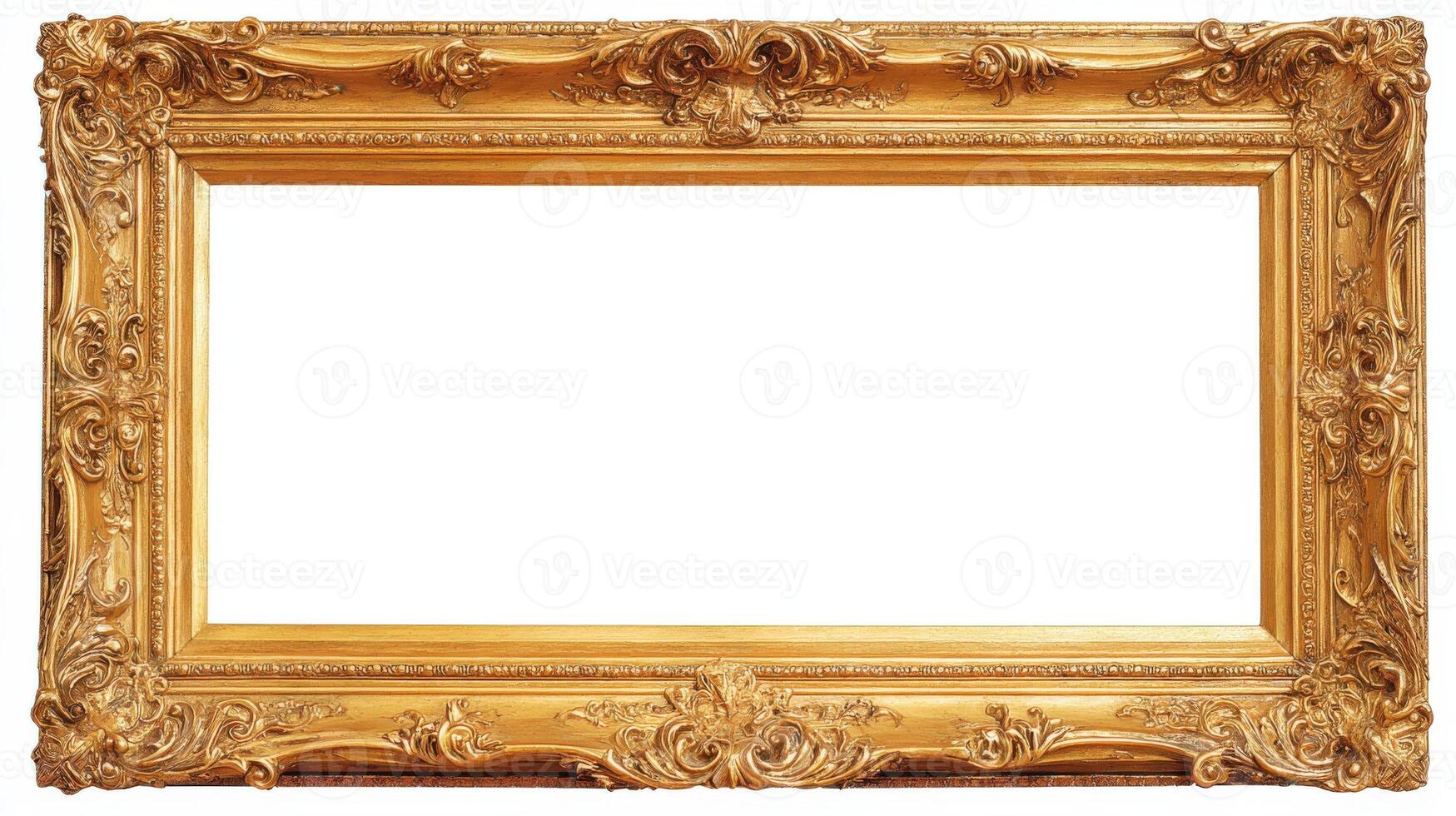 Ornate Gold Picture Frame Detailed Carvings, Isolated Object with Empty White Space for Copy photo