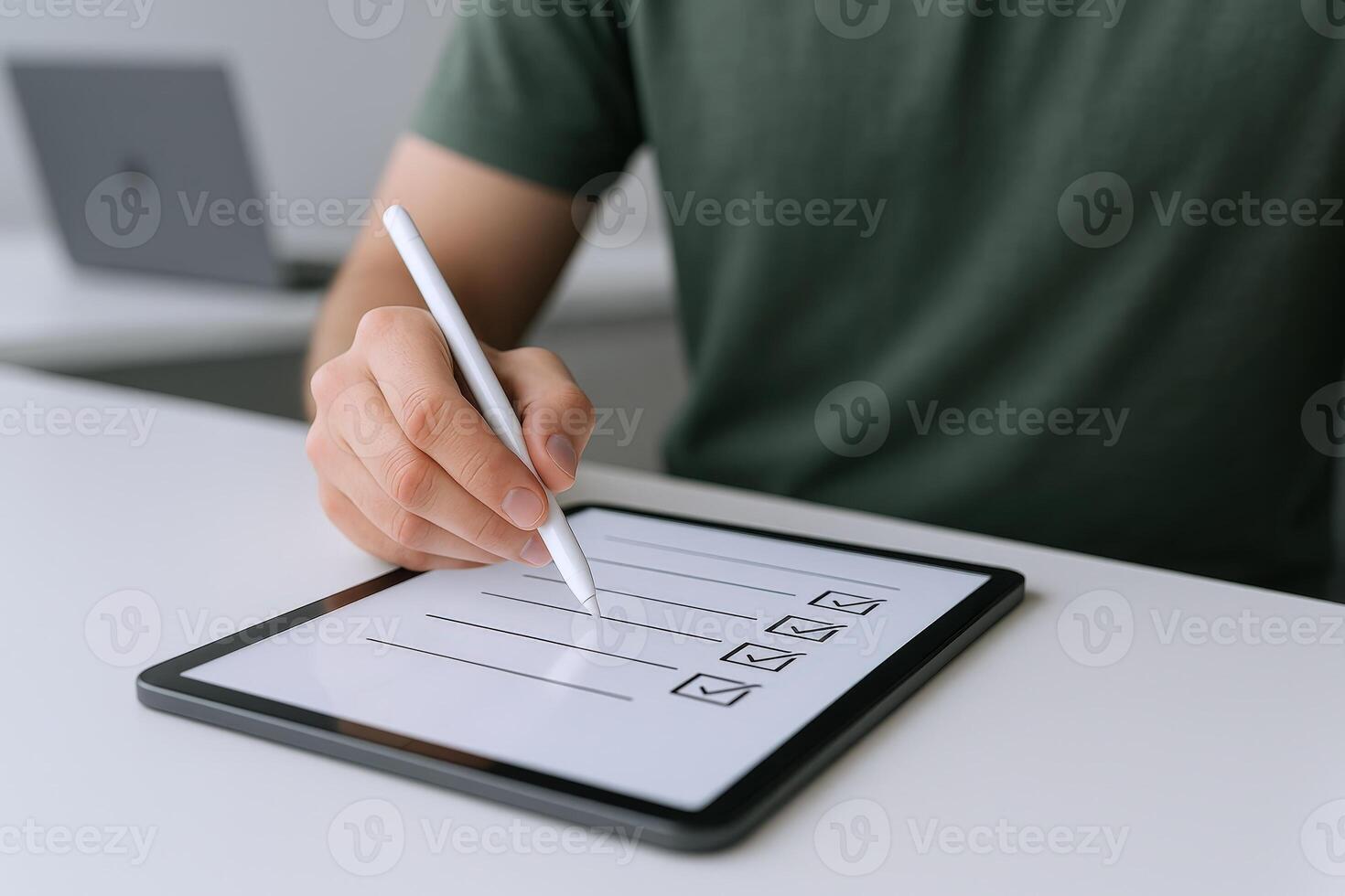 Close-up of Hand Using Digital Tablet and Stylus to Complete Checklist, Representing Modern Productivity photo