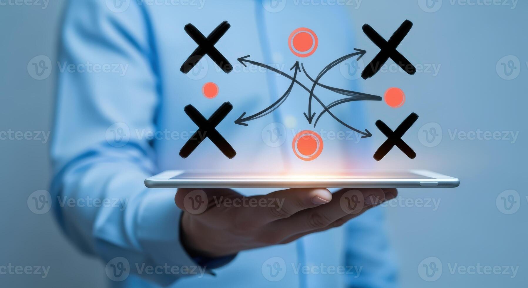 Strategic Planning and Digital Solutions Business Strategy Displayed on Tablet, Innovation, and Problem Solving Concept photo