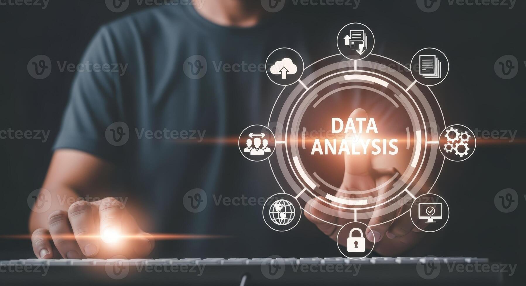 Data Analysis Concept Man Interacting with Digital Interface Representing Analytics, Insights, and Business Intelligence photo