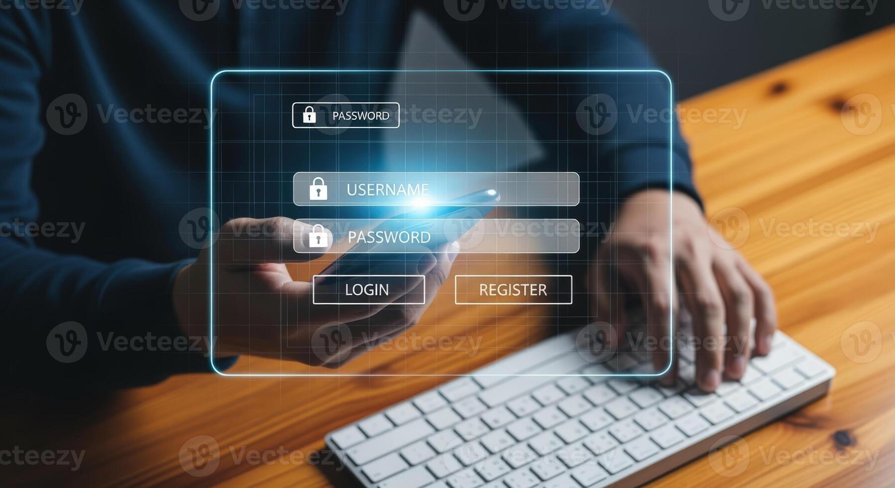 Secure Online Login A Man Accessing Digital Account on Smartphone with Keyboard for Data Protection photo