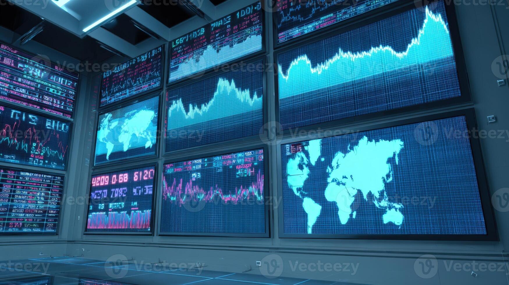 Data Visualization Room Interactive Stock Market Analysis and Global Economic Trends Display on Multiple Screens photo