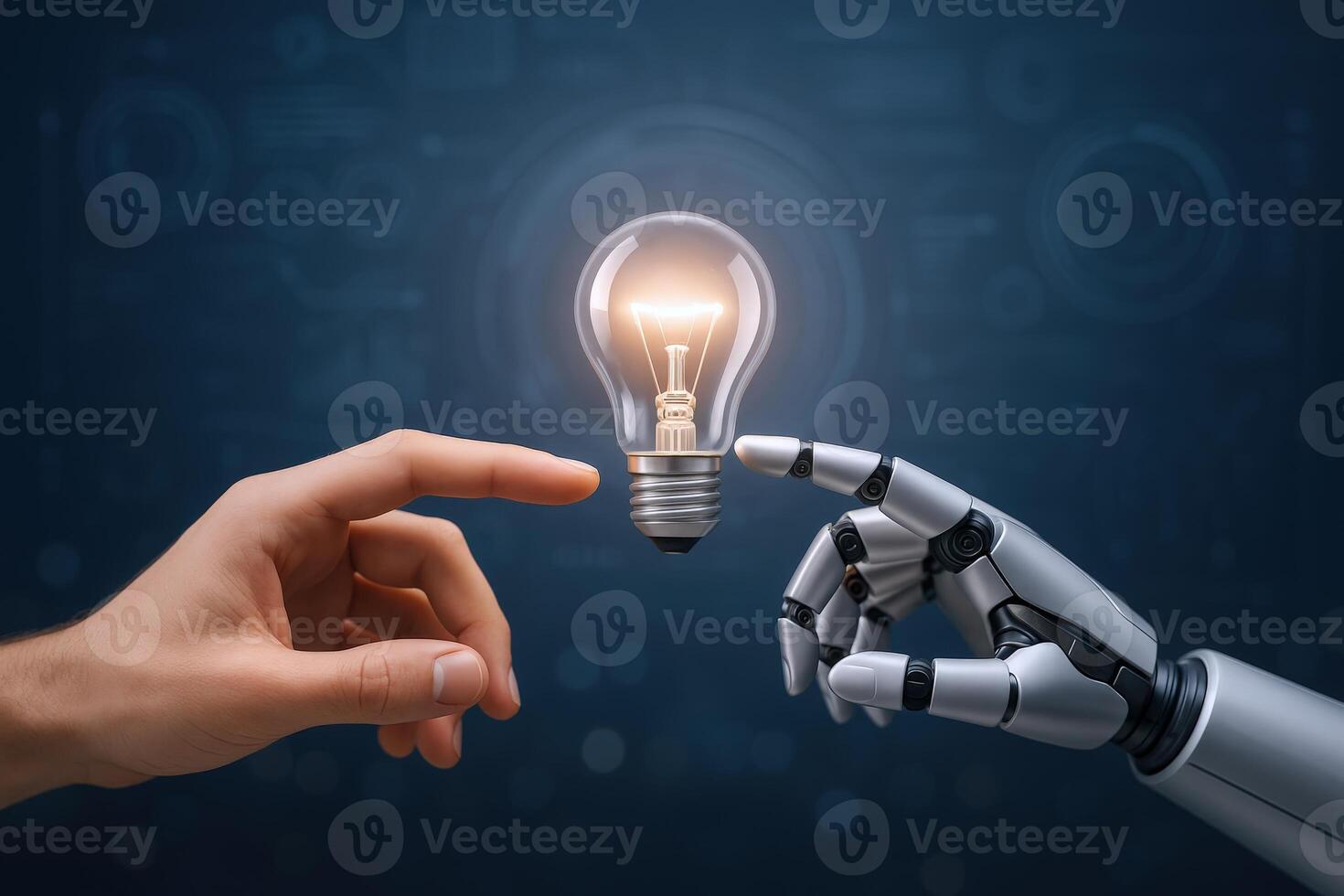 Human and Robot Hands Reaching for an Illuminated Lightbulb, Representing Innovation and Artificial Intelligence photo