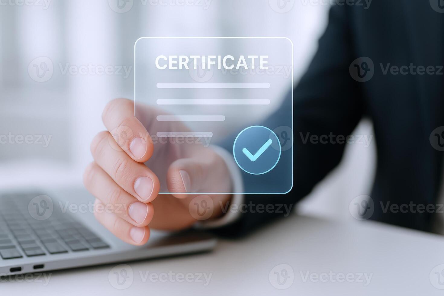 Digital Certificate Verification Concept Businessman Holding Transparent Interface with Approved Certification Checkmark and Laptop Computer photo