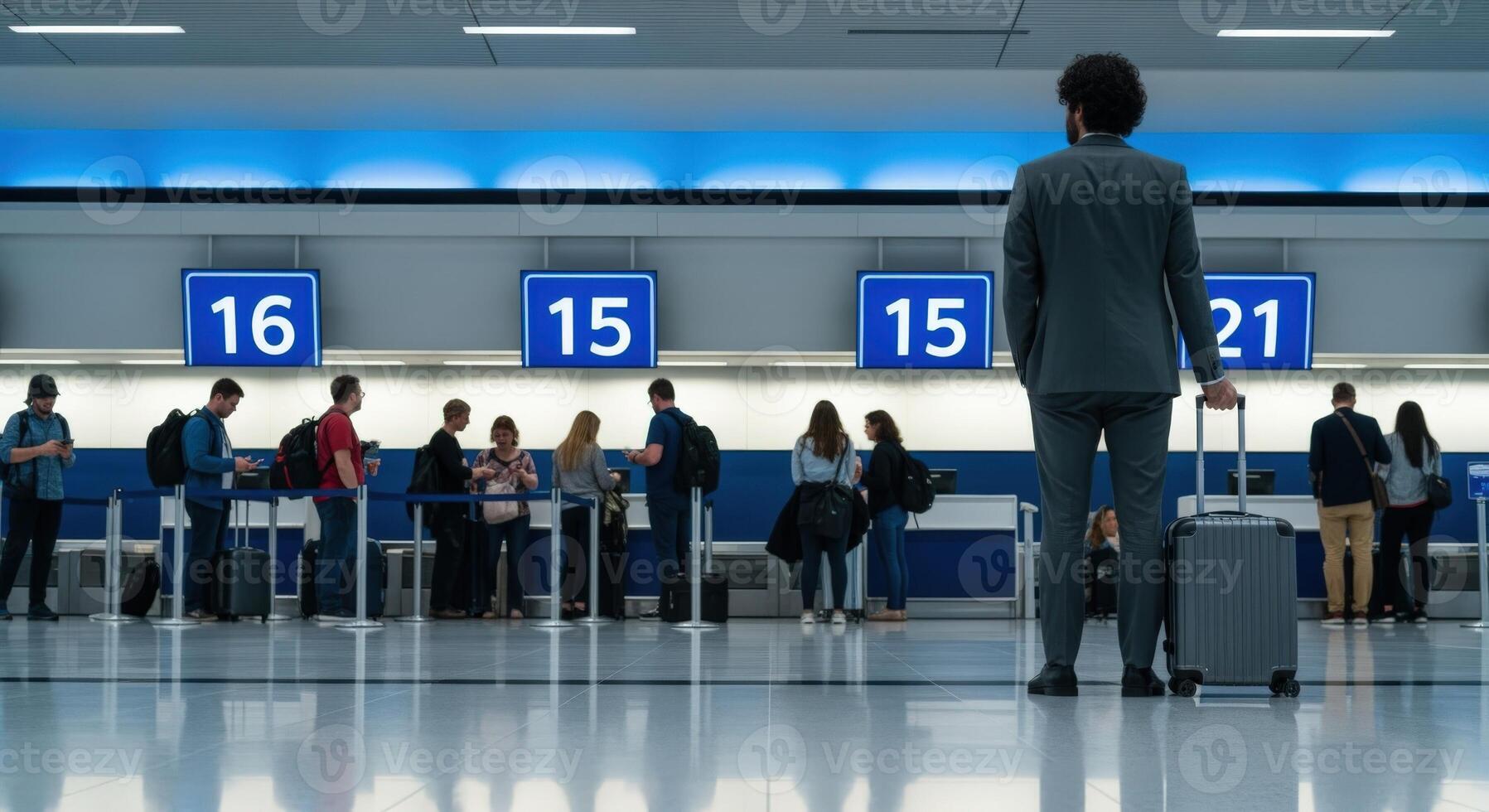 Travelers Queue at Airport Check-in Counters, Man with Suitcase, Passenger Waiting in Line for Departure photo