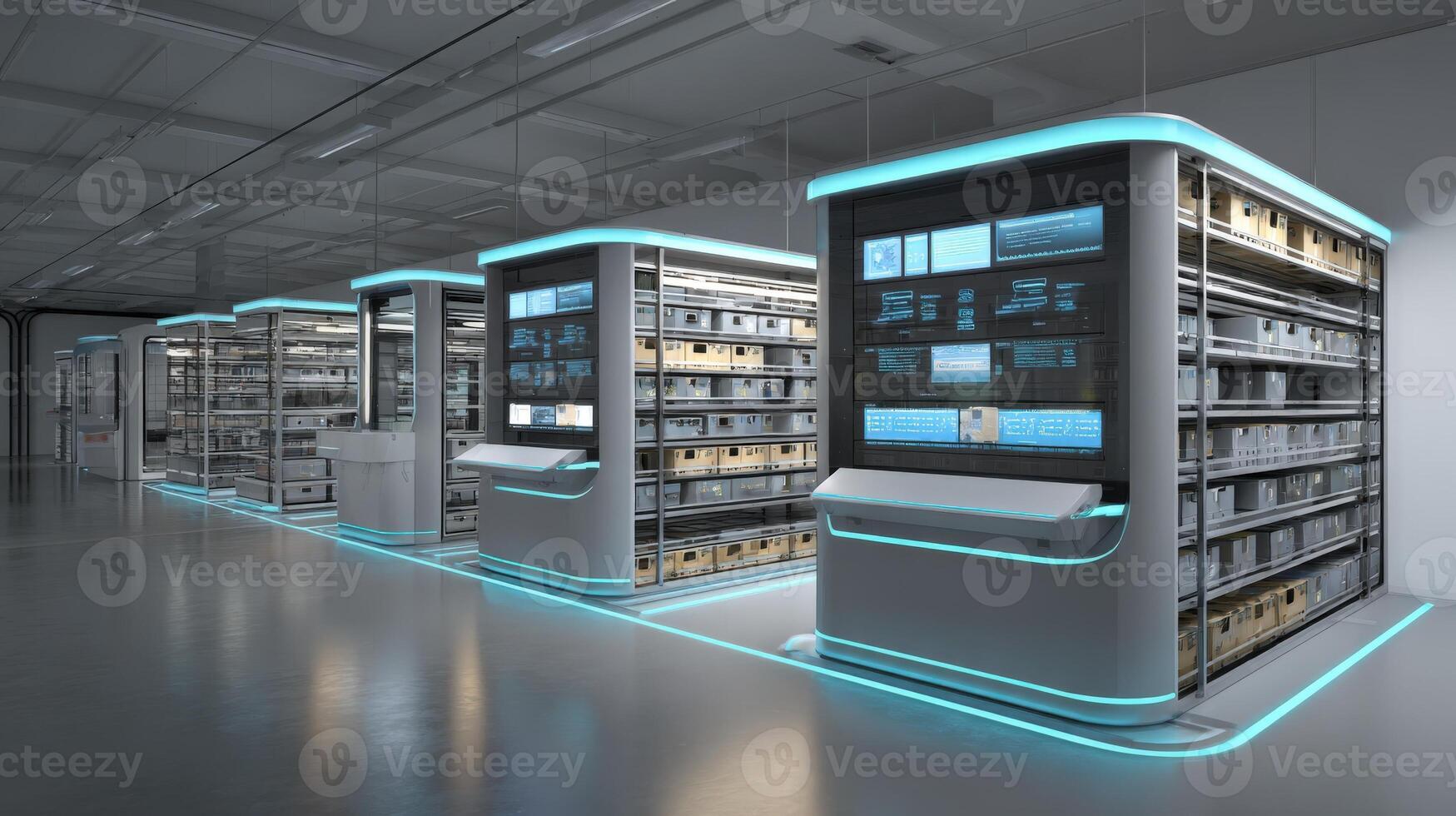 Automated Modern Warehouse with Shelves, Digital Displays and Robotics for E-commerce and Logistics Solutions photo