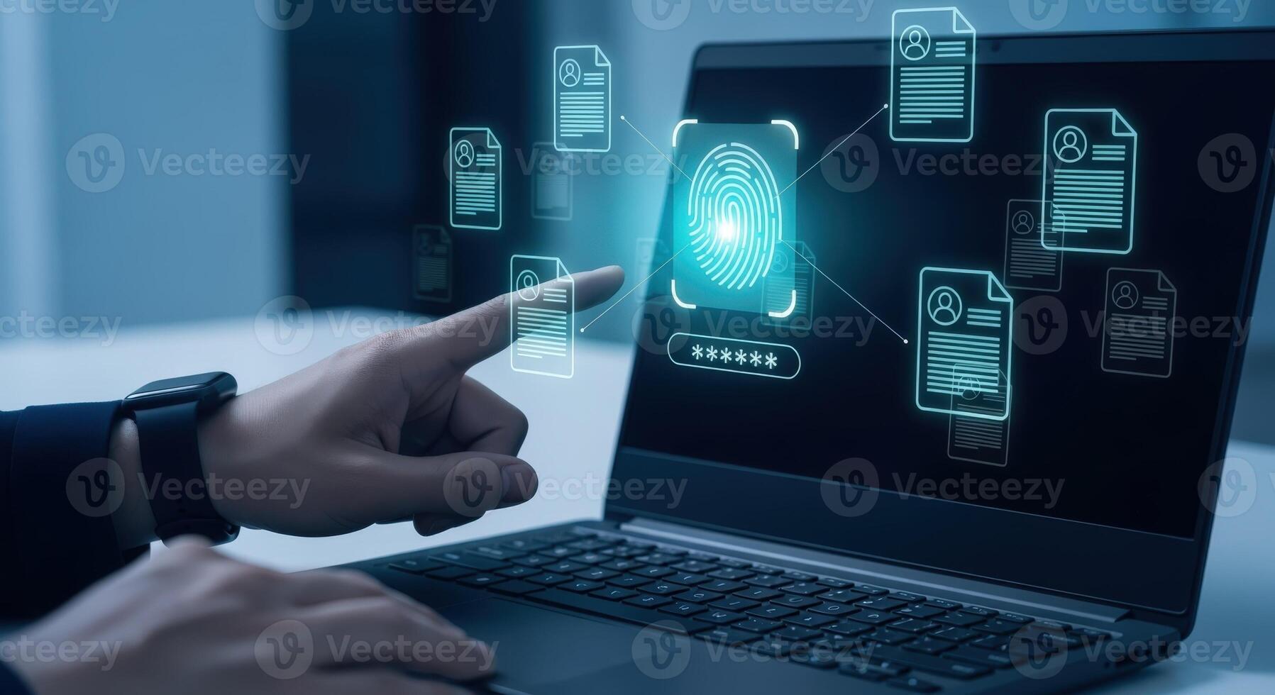 Digital Security Person Using Fingerprint Scan on Laptop for Secure File Access and Cyber Protection photo