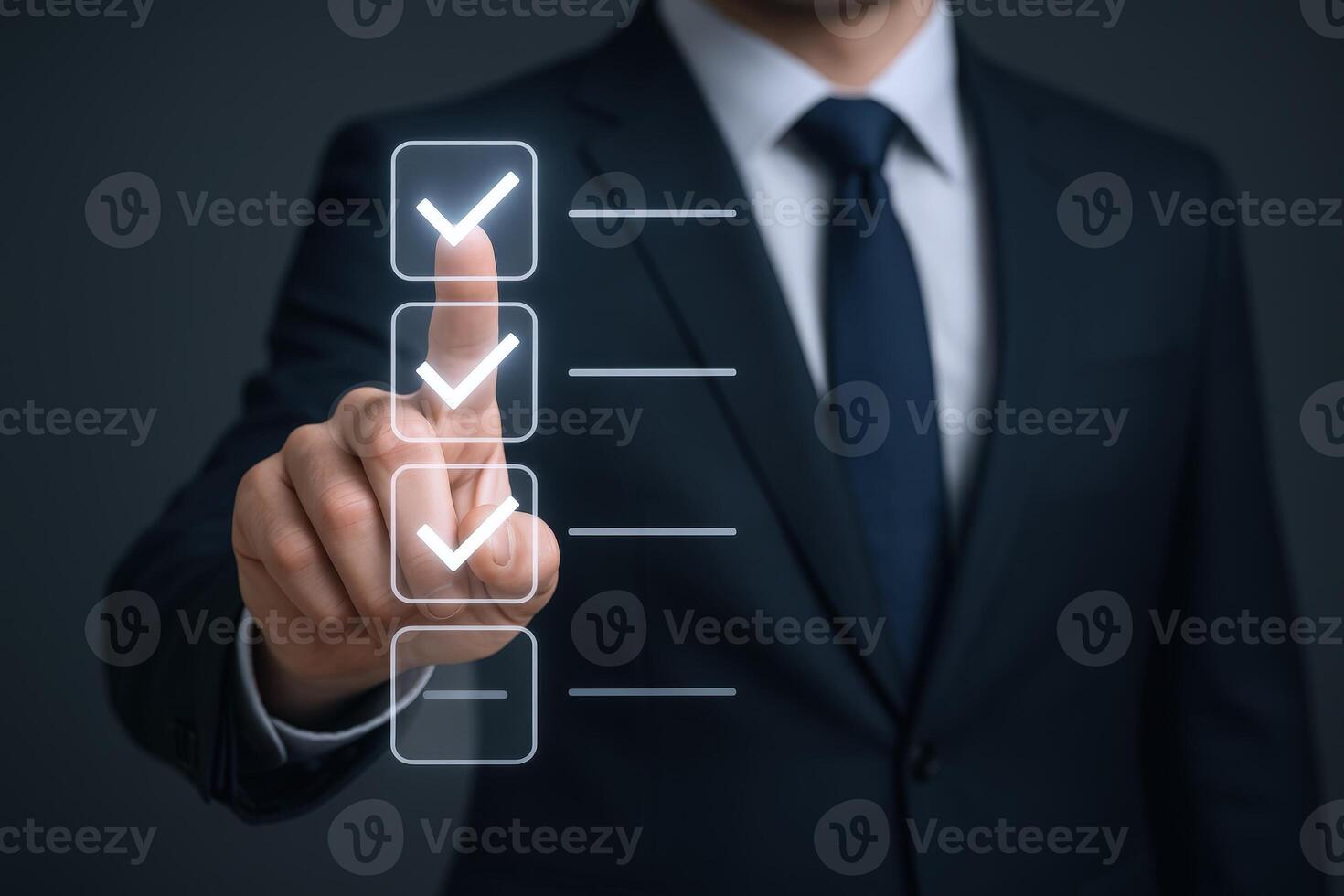 Businessman Pointing at Digital Checklist with Checkmarks, Illustrating Task Completion and Project Management photo