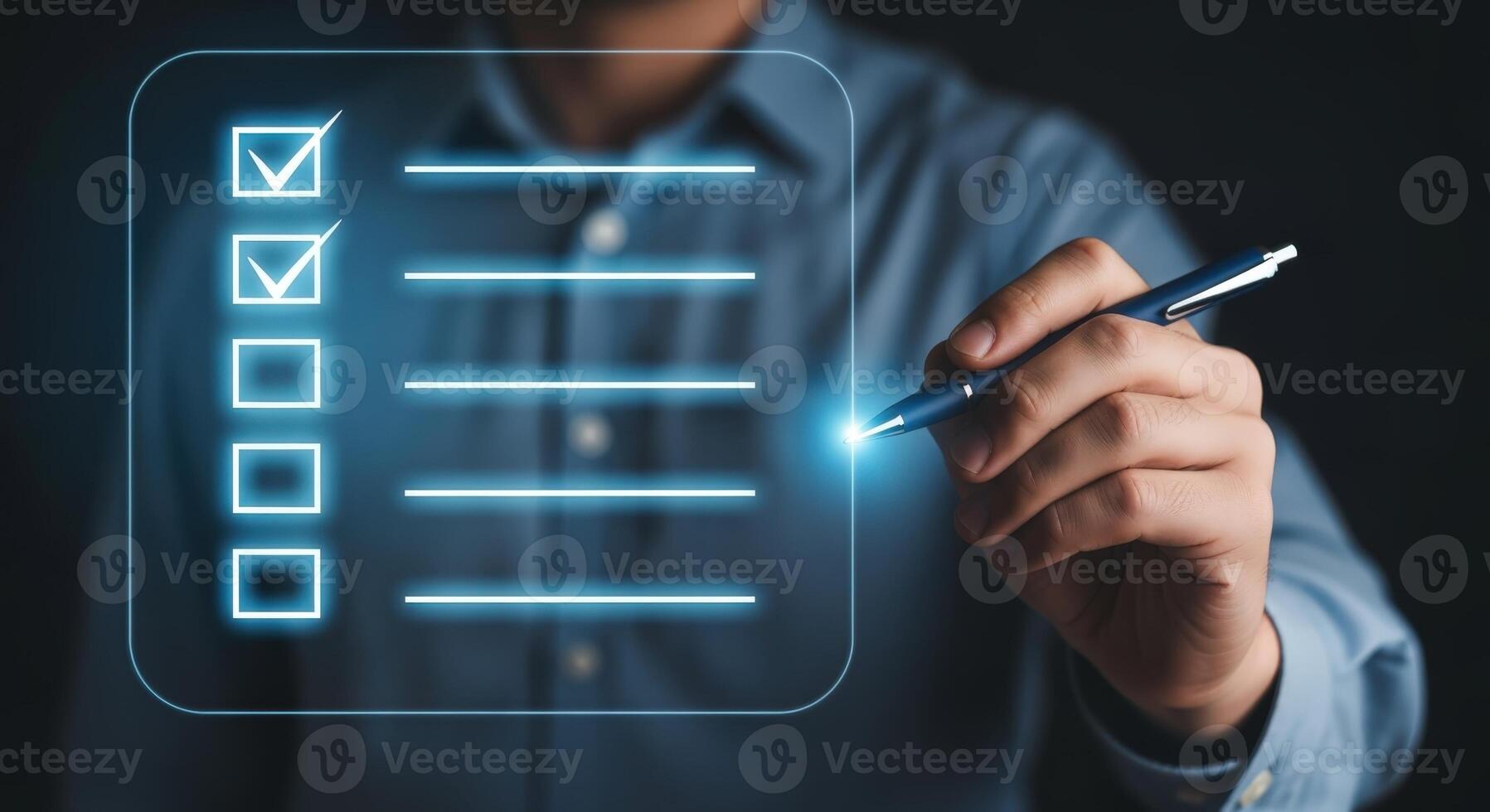 Digital Checklist Conceptual Businessman Completing Tasks on Virtual Interface, Representing Productivity and Workflow photo